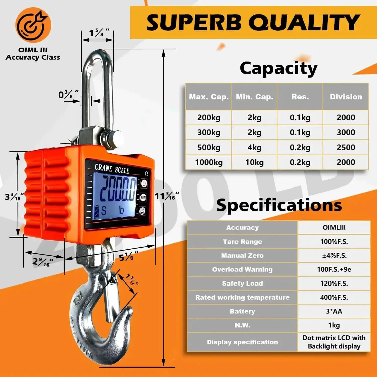 Beefy Digital Crane Scale With 1000 Kg Capacity 2200 Lb High Precision 0.2 Kg Increments Aluminum Case Remote Control CE Certified Industrial Hanging Scale For Garage Farm And Hunting Orange - Image 7