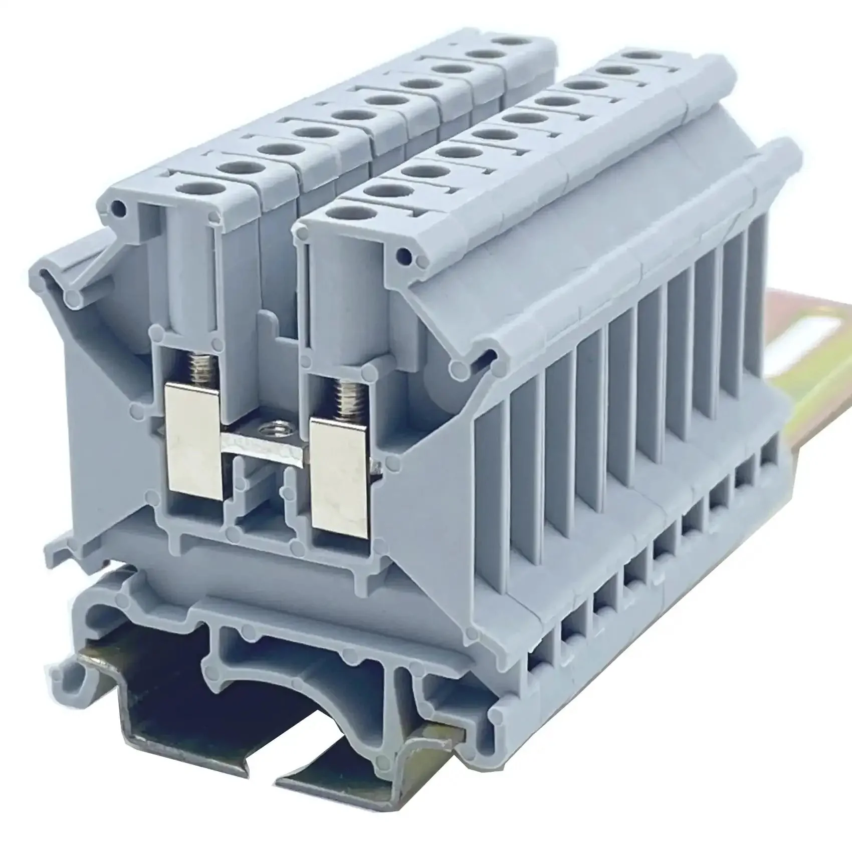 Beefy DIN Rail Terminal Block With Screw Clamp Heavy Duty 600V 30A 30 To 10 AWG Nylon PA66 Housing Copper Bodies Nickel Plated Screws Universal Mounting Foot Pack Of 100