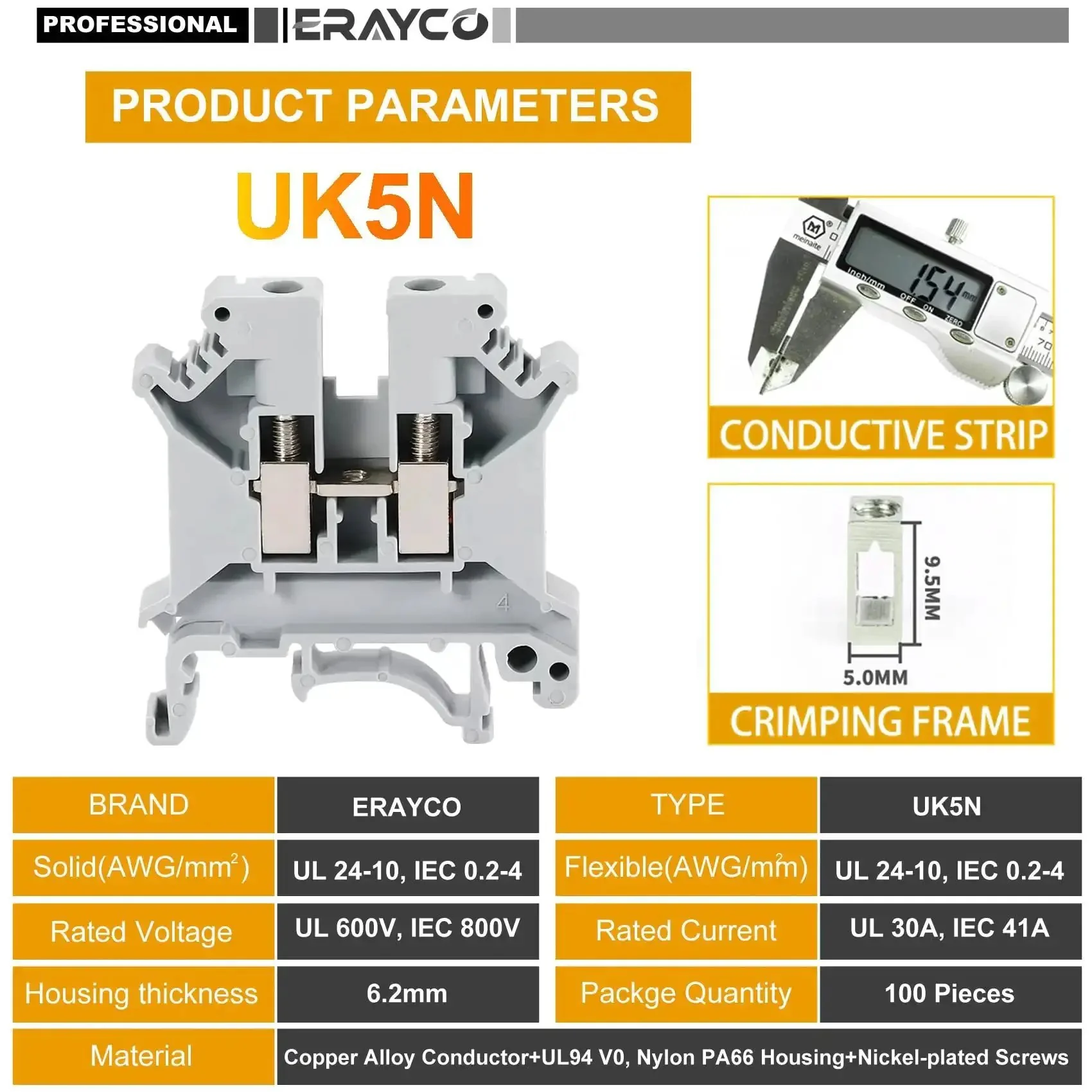 Beefy DIN Rail Terminal Block With Screw Clamp Heavy Duty 600V 30A 30 To 10 AWG Nylon PA66 Housing Copper Bodies Nickel Plated Screws Universal Mounting Foot Pack Of 100 - Image 6