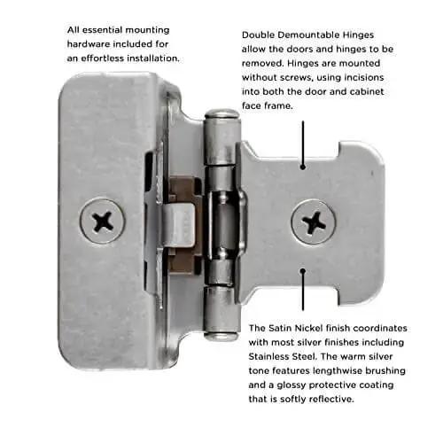 Beefy Double Demountable Cabinet Hinges Set, Half Inch Overlay, Self Closing, 170 Degree Face Frame Opening, Screwless Mounting, Satin Nickel Finish, Easy Install, 10 Pairs For Kitchen Cabinets - Image 6