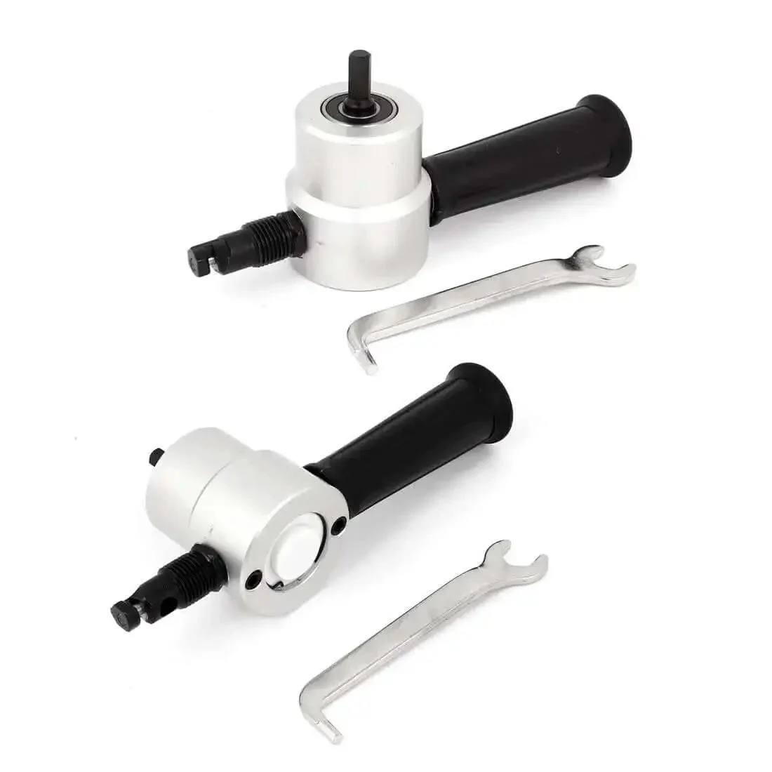 Beefy Double Head Sheet Nibbler Cutter Drill Attachment Set For Brass Aluminum Stainless Metal Work, 7.4mm Cutting Diameter And 27mm Drill Hole, Black And Gray Durable Metal And Plastic Build, 2 Pcs