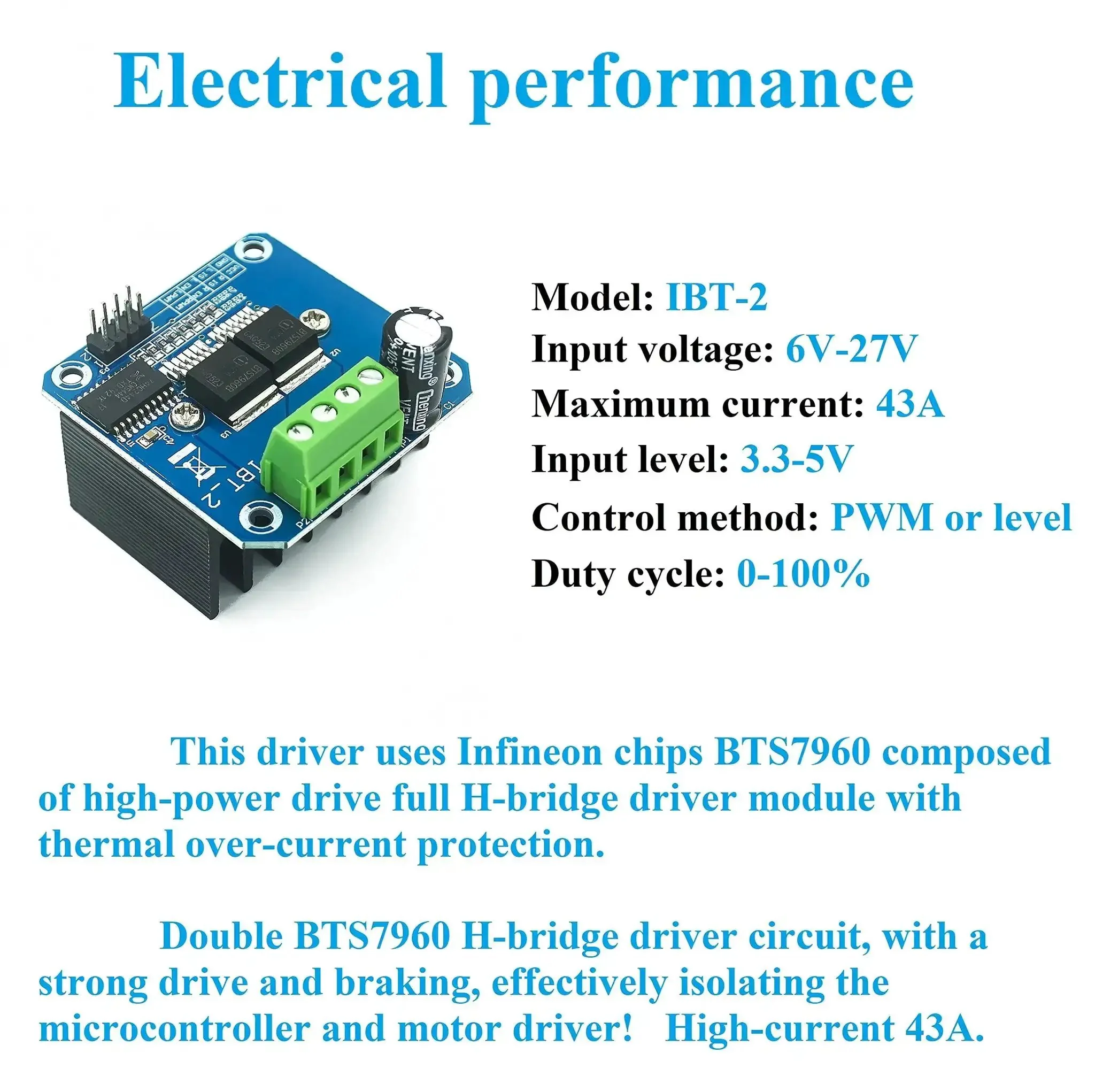 Beefy Dual H Bridge DC Motor Driver Module For Arduino With BTS7960 Chip 43A High Current PWM Speed Control Forward And Reverse For Robotics, Smart Cars, And DIY Motor Projects - Image 6