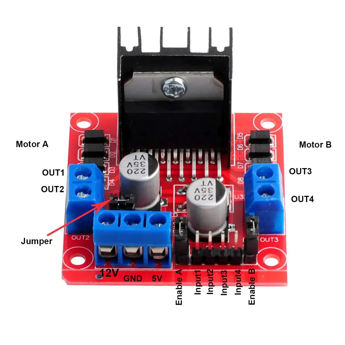 Beefy Dual H-Bridge Motor Drive Controller Board For Arduino ESP32 ESP8266 Smart Car Robot R3 2560 Compatible, Powers One 2-Phase Stepper Or Two DC Motors, Built-In 78M05 Regulator, 46V 3A Peak, 2A Continuous, Low Heat, Dope DIY Kit - Image 4