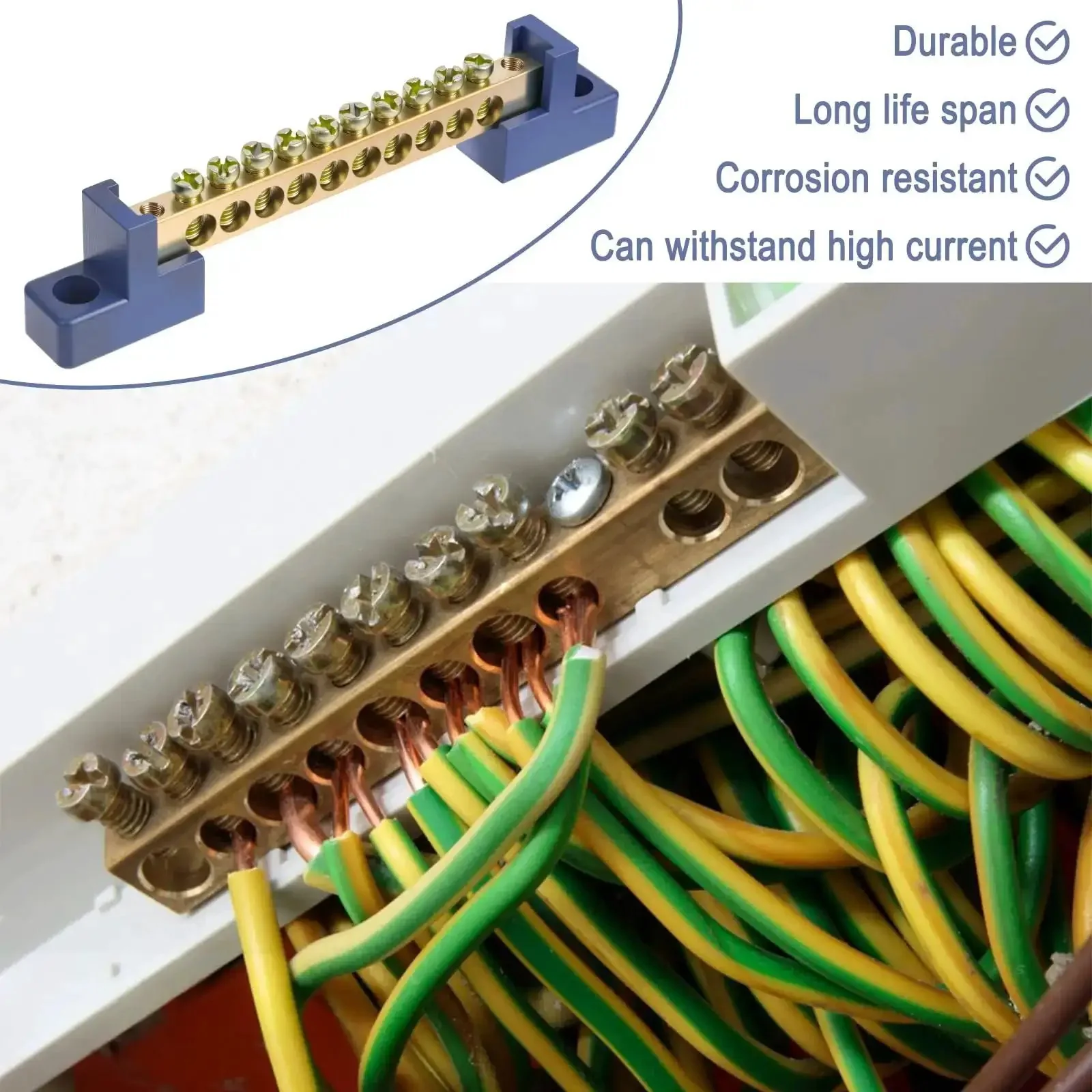 Beefy Ground Bar Kit 10 Positions For Electrical Panels Brass Terminal Block With Blue Insulated Base Marine Grade And Automotive Ready Distribution Box 2 Pack Corrosion Resistant Conductive Bus Bar - Image 5