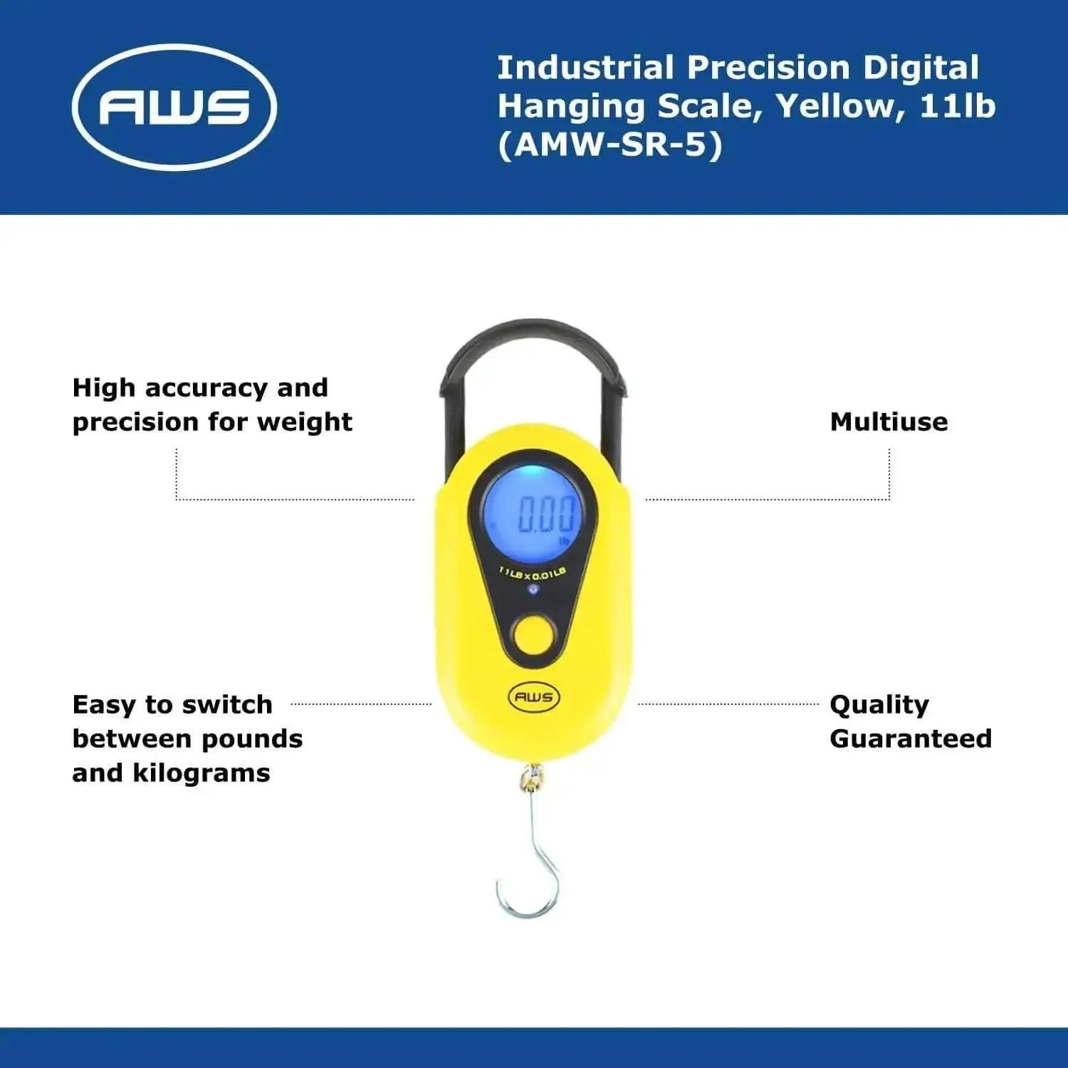 Beefy Hanging Scale With 11 Pound Capacity, LCD Digital Weigh Scale In Bright Yellow, Portable With Retractable Handle And Hook, Reads Grams Or Ounces On A Clear High Precision LCD Display, Ideal For Kitchen, Mailroom, Or Workshop - Image 9