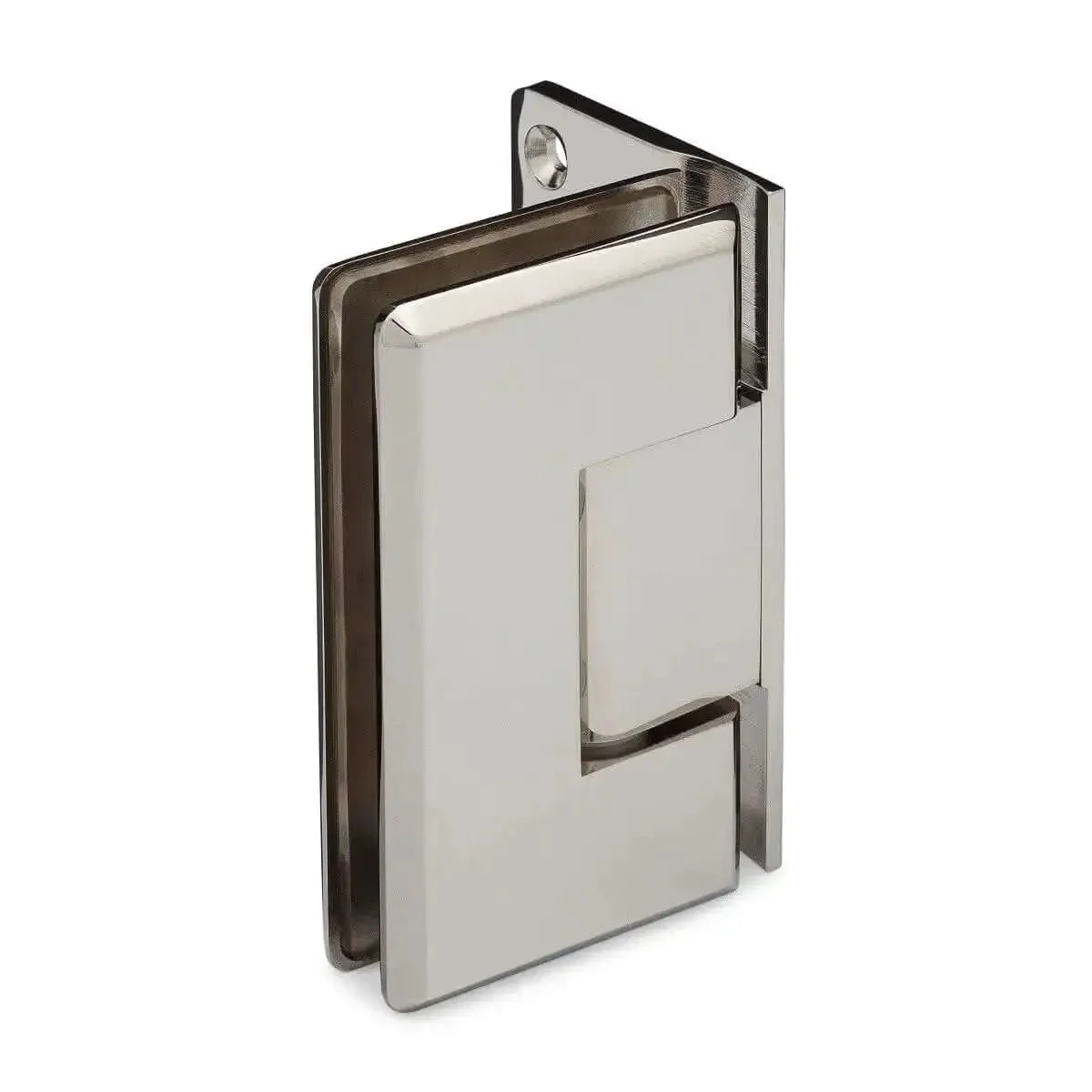 Beefy Heavy Duty Adjustable 90 Degree Wall Glass Hinge With Offset Backplate For Glass Doors Up To Three Eighths Or One Half Inch Thick, Max 36 Inches Wide And 150 Pounds, Self Closing Within About Twenty Five Degrees, Polished Nickel Finish
