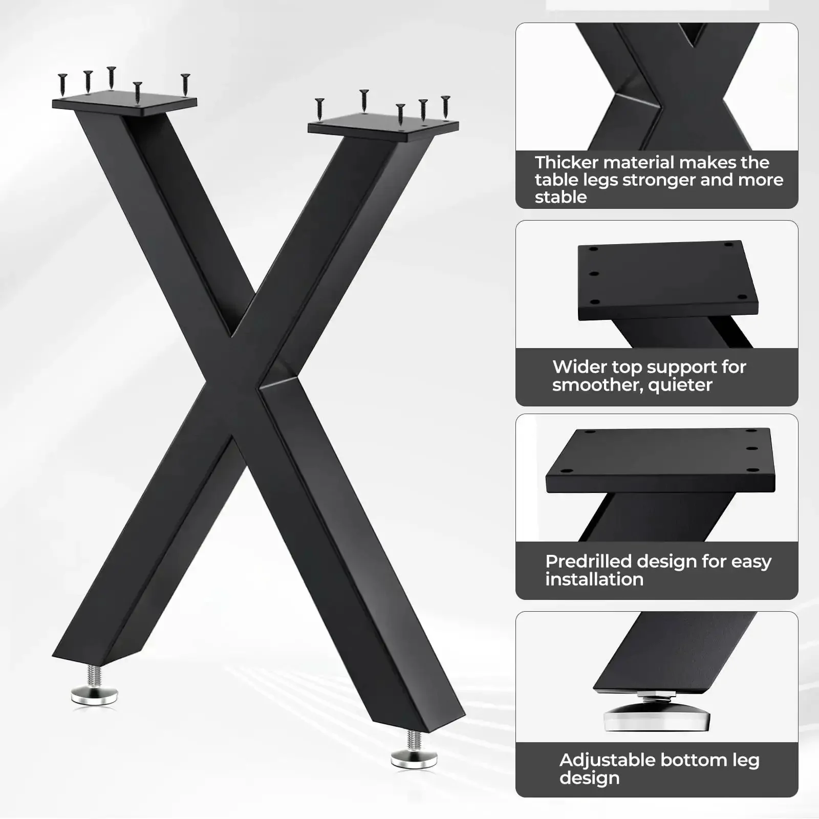 Beefy Heavy Duty Black X Shape Coffee Table Legs 16H X 11.7W, Metal Bench Style Base For Dining Kitchen Office Tables, Adjustable Feet With Screws, 1000 Lbs Load, Set Of 2 - Image 6
