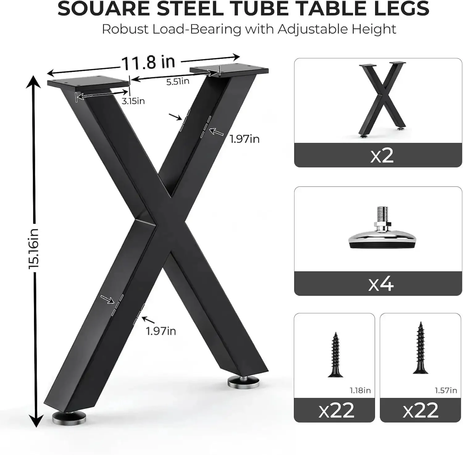 Beefy Heavy Duty Black X Shape Coffee Table Legs 16H X 11.7W, Metal Bench Style Base For Dining Kitchen Office Tables, Adjustable Feet With Screws, 1000 Lbs Load, Set Of 2 - Image 7