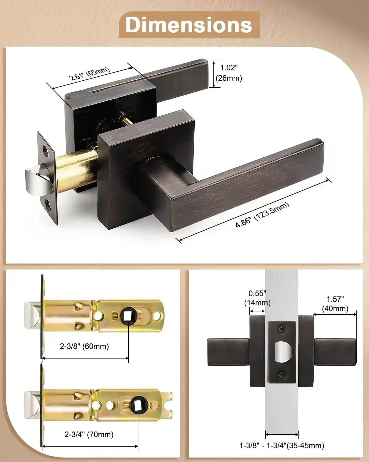 Beefy Heavy Duty Door Levers Set With Modern Square Design For Home Hallway Or Closet Passages Oil Rubbed Bronze Finish Non Locking Keyless Universal Reversible Leverset For Left Or Right Hinging Doors 2 Pack - Image 2