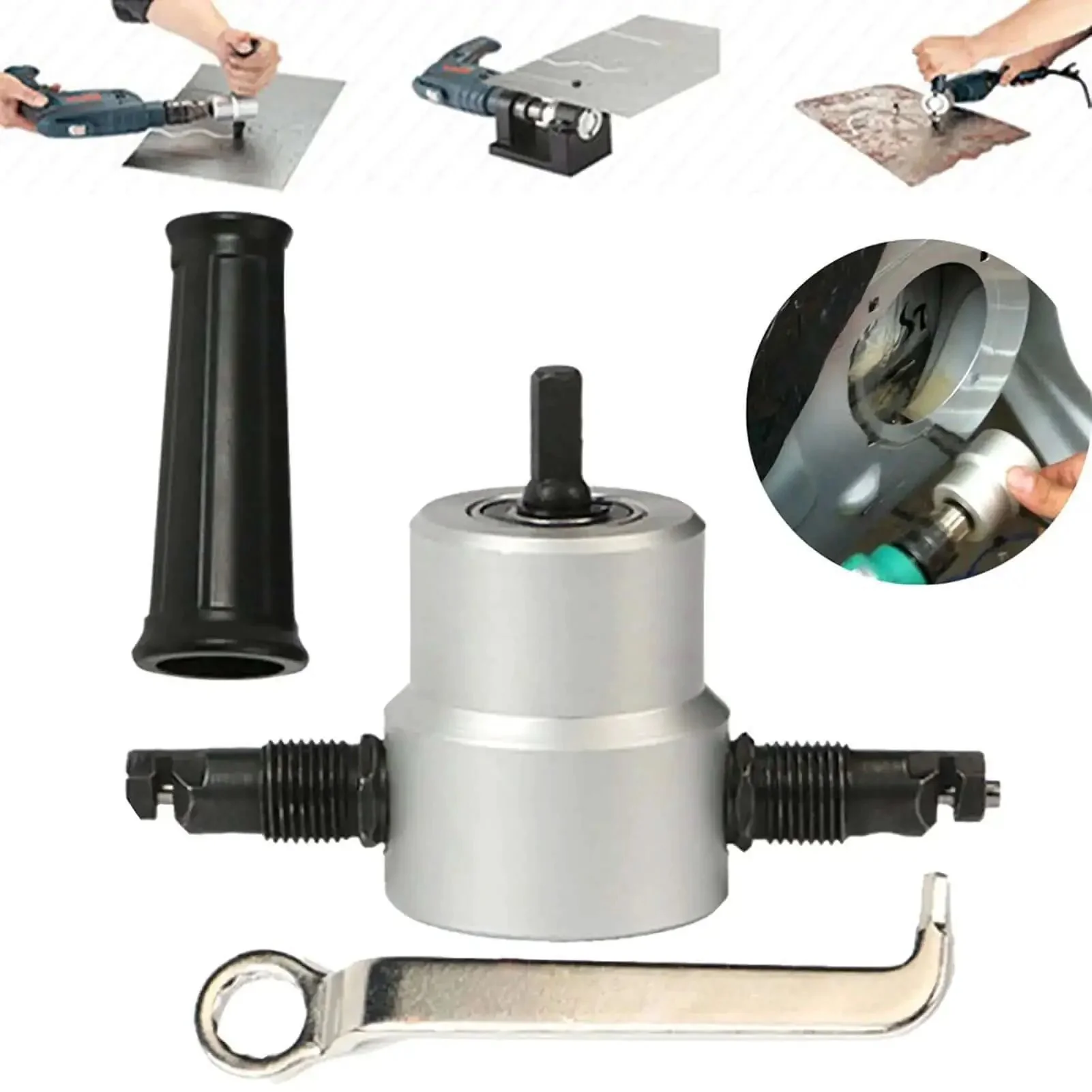 Beefy Heavy Duty Double Headed Metal Nibbler Cutter for Sheet Metal, 360 Degree Rotating Cutting Heads, Fits 8mm Drill, Minimum 12mm Radius, Cuts Iron, Stainless Steel, Aluminum, Copper, Plastic Plywood, Red or Silver Finish - Image 4