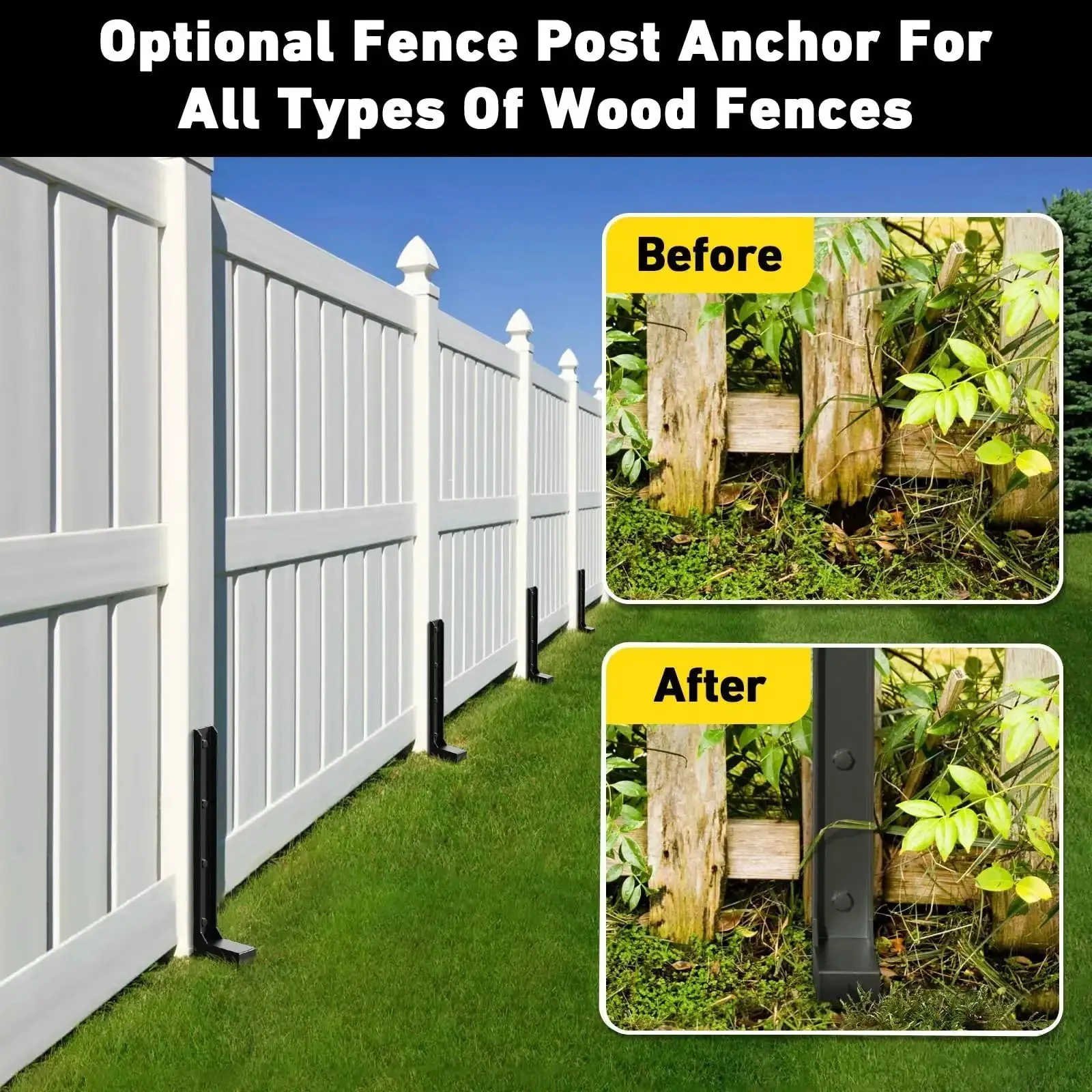 Beefy Heavy Duty Fence Post Repair Kit 2 4 6 8 Pack With Thick Ground Spike Anchors For Fixing Broken Or Tilted Posts Rust Resistant Metal Stakes That Hold Tight Easy Install In Your Yard Black Finish - Image 3