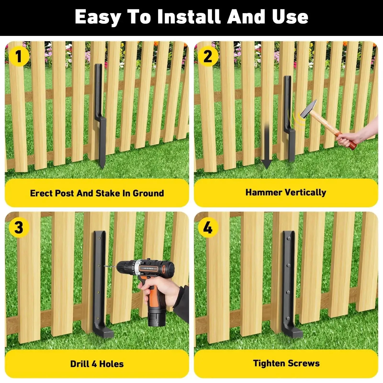Beefy Heavy Duty Fence Post Repair Kit 2 4 6 8 Pack With Thick Ground Spike Anchors For Fixing Broken Or Tilted Posts Rust Resistant Metal Stakes That Hold Tight Easy Install In Your Yard Black Finish - Image 5