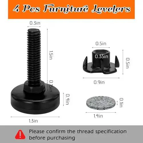 Beefy Heavy Duty Furniture Leveling Feet Set For Tables Cabinets Sofas And Dressers, Adjustable 3/8-16 Threaded Levelers With Threaded Inserts, 4 Black Feet Plus 8 Felt Pads To Prevent Scratches And Noise - Image 8