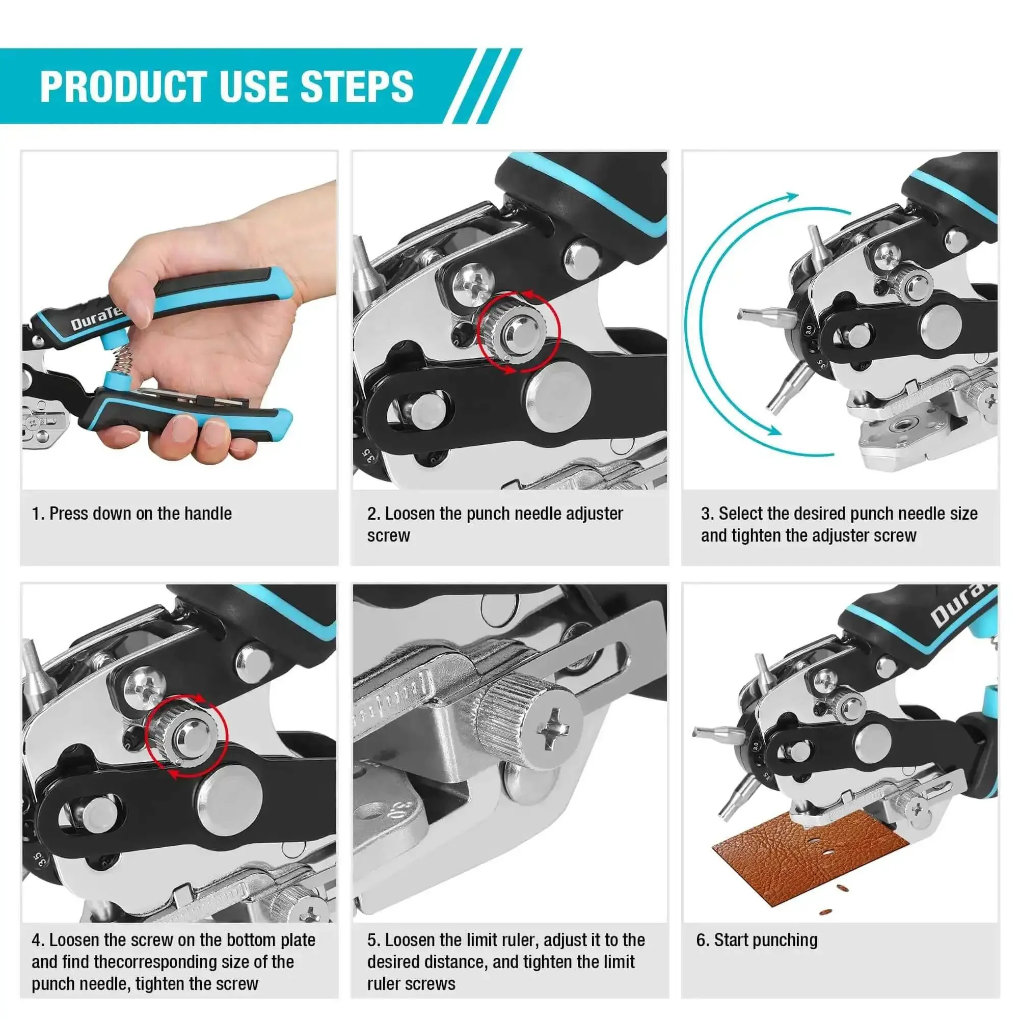 Beefy Heavy Duty Leather Hole Punch Set With Six Hole Sizes 2mm 2.5mm 3mm 3.5mm 4mm 4.5mm For Belts Watch Bands Straps Pet Collars Saddles Shoes Fabric And DIY Projects Pro Grade Punch Plier - Image 3