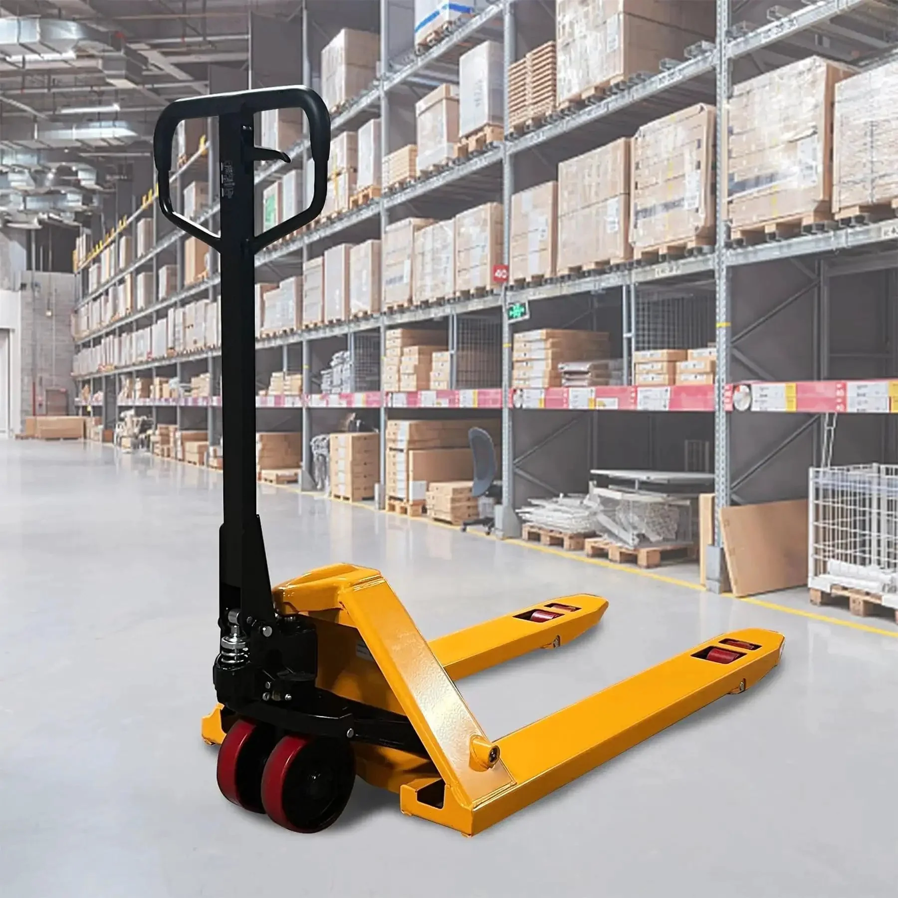 Beefy Heavy Duty Manual Pallet Jack With 7700 Lb Capacity And 48 Inch Long By 27 Inch Wide Forks Ergonomic Handle 7.1 Inch Polyurethane Steering Wheels 2.9 Inch Fork Wheels 3 Position Raise Lower Neutral Leak Proof Hydraulic System Gloves Included - Image 2