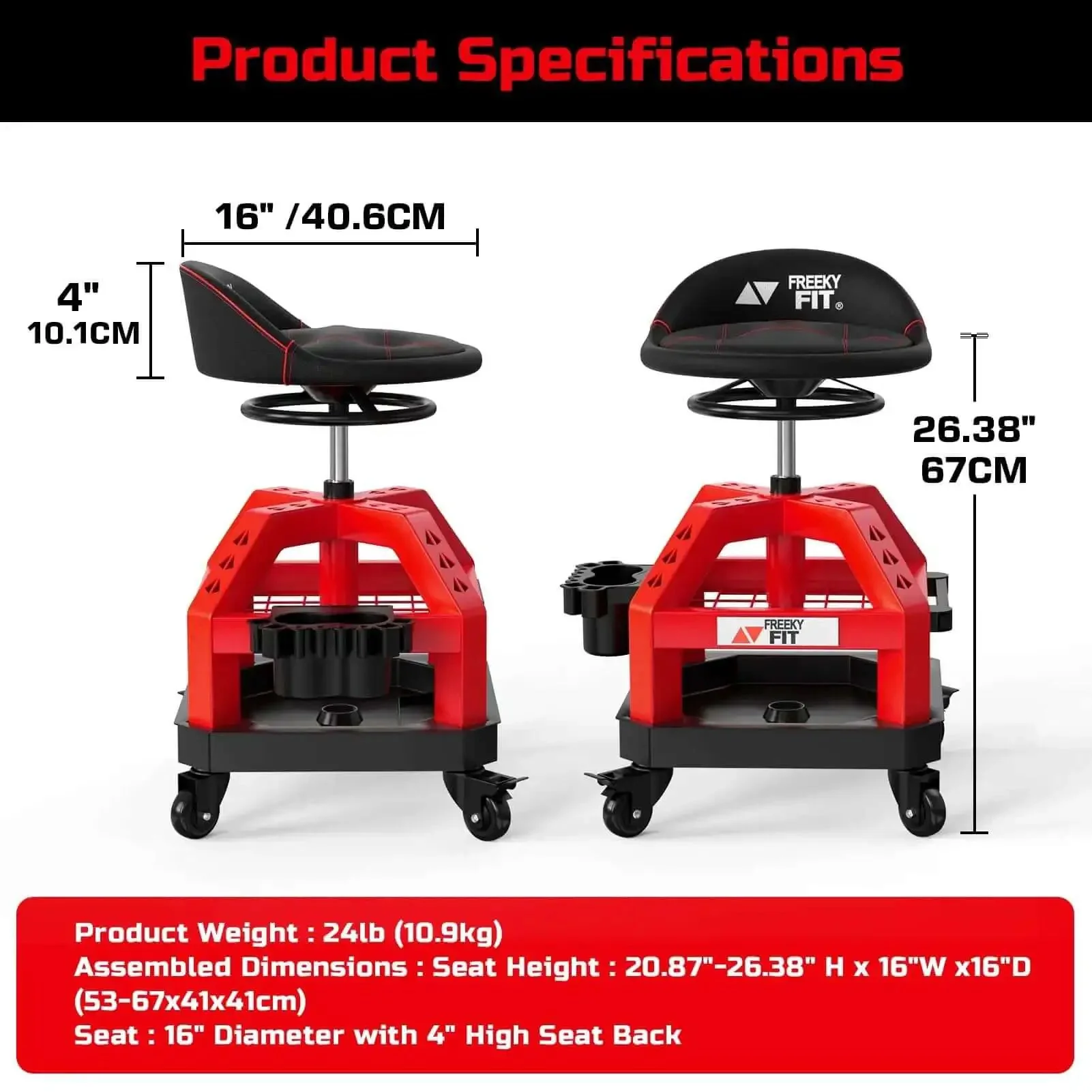 Beefy Heavy Duty Rolling Shop Stool For Garage With Casters Adjustable Height 360 Degree Swivel Seat Tool Tray Storage 330 Lbs Capacity Padded Mechanic Stool Magnetic Tool Hold Red - Image 3