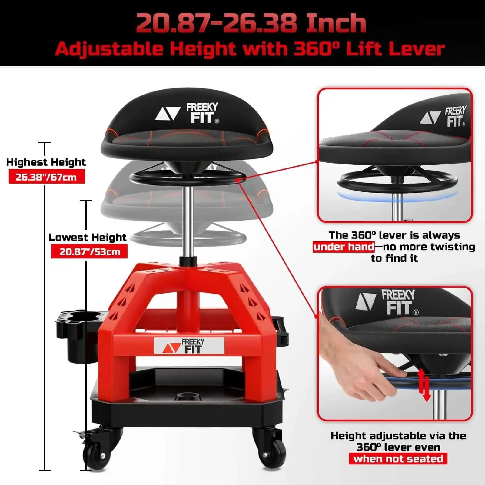 Beefy Heavy Duty Rolling Shop Stool For Garage With Casters Adjustable Height 360 Degree Swivel Seat Tool Tray Storage 330 Lbs Capacity Padded Mechanic Stool Magnetic Tool Hold Red - Image 6