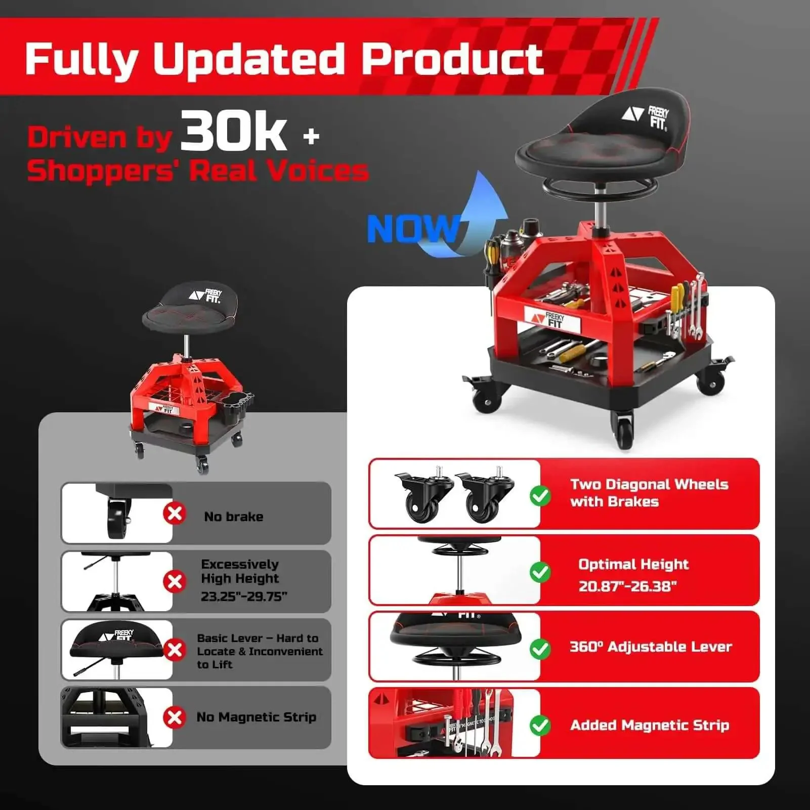 Beefy Heavy Duty Rolling Shop Stool For Garage With Casters Adjustable Height 360 Degree Swivel Seat Tool Tray Storage 330 Lbs Capacity Padded Mechanic Stool Magnetic Tool Hold Red - Image 9