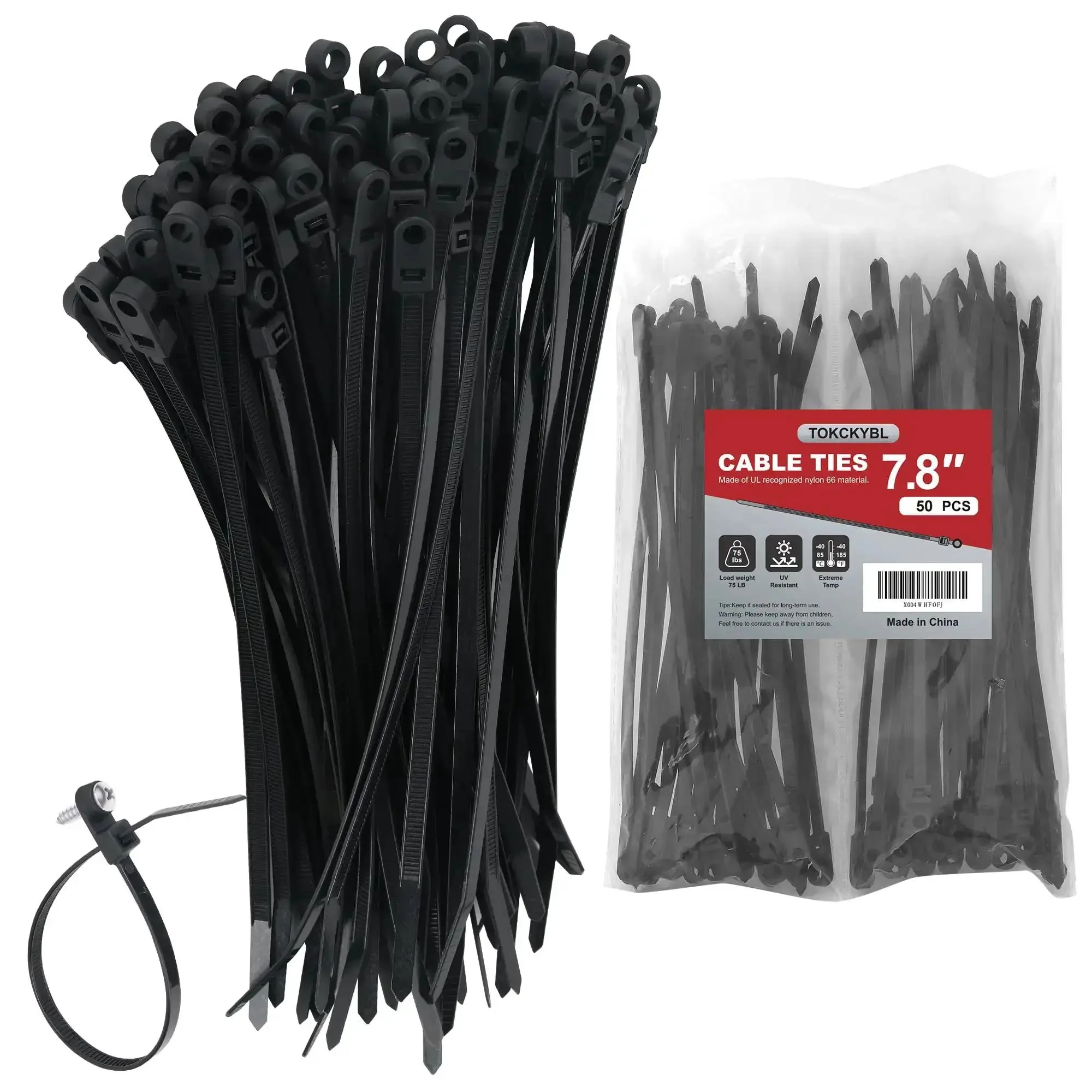 Beefy Heavy Duty Zip Ties With Screw Hole For Mounting 75 Lb Tensile Strength Seven And A Half Inch Indoor Outdoor Nylon Cable Ties 50 Pack Black Universal Cable Tie Buckles