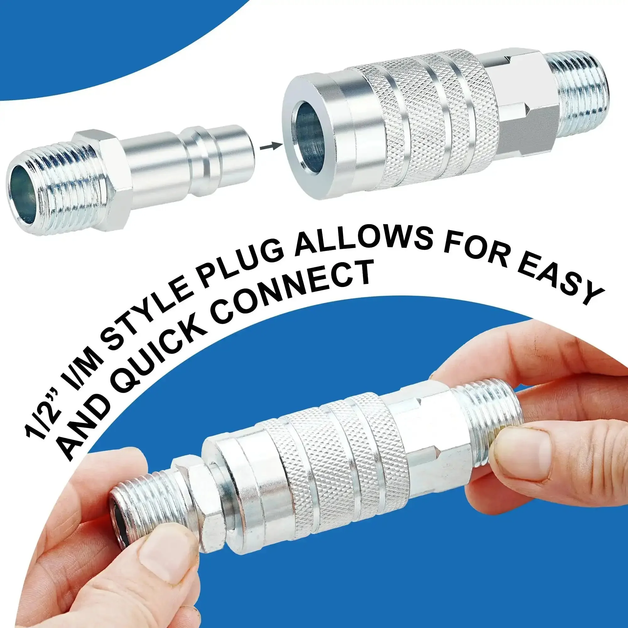 Beefy High Flow Half Inch Air Hose Fittings Set With Four Male IM Industrial NPT Plugs And One Female Air Plug In Solid Steel For Quick Connects On Any Air Compressor Up To 300 PSI - Image 3