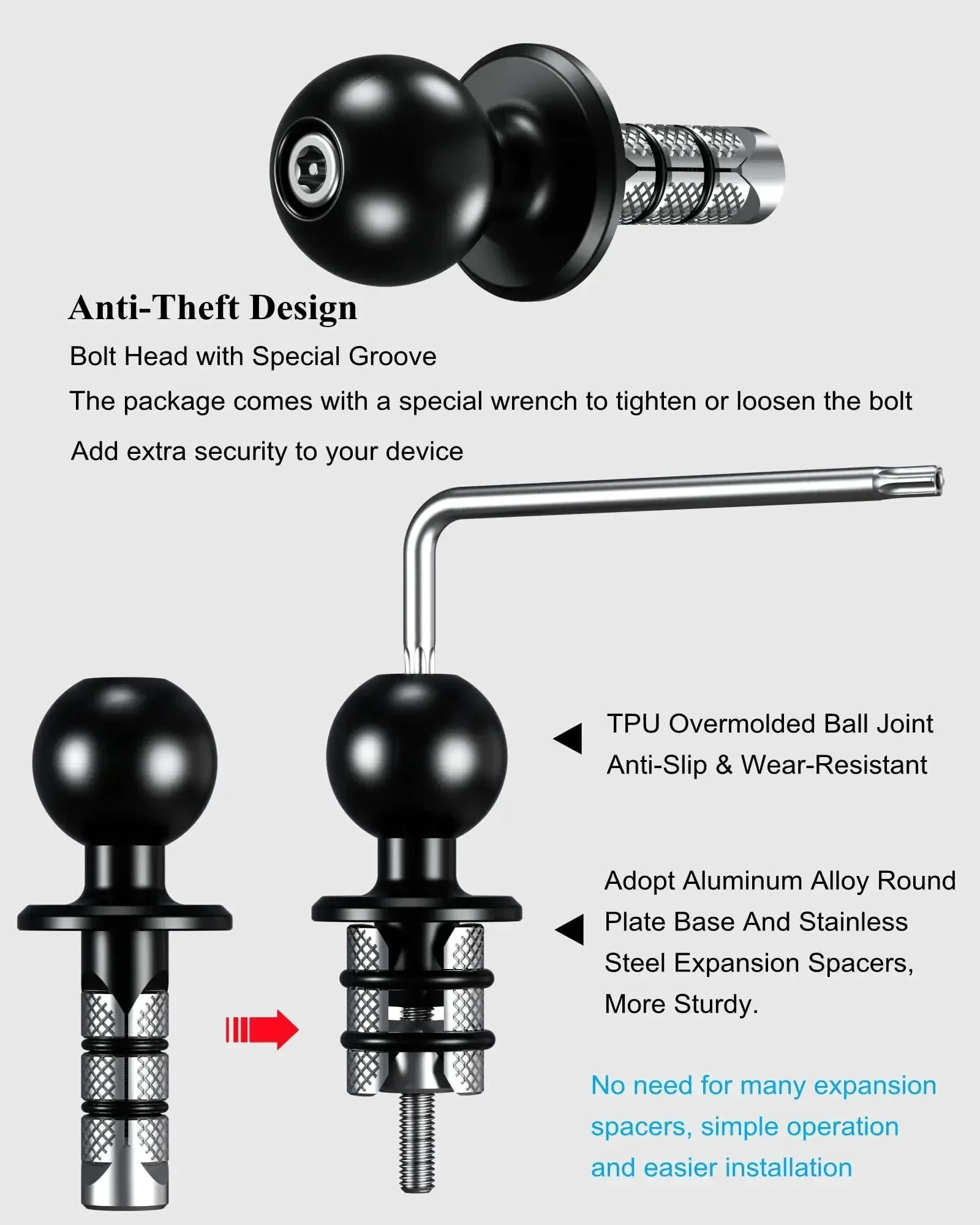 Beefy Metal Motorcycle Fork Stem Mount Base With 1 Inch TPU Ball For Stem Holes 12mm To 25.4mm Includes Dual Spacer Set For 12 To 18.5mm And 18.5 To 25.4mm Compatible With RAM Mounts B Size 1 Inch Ball Double Socket Arm - Image 5