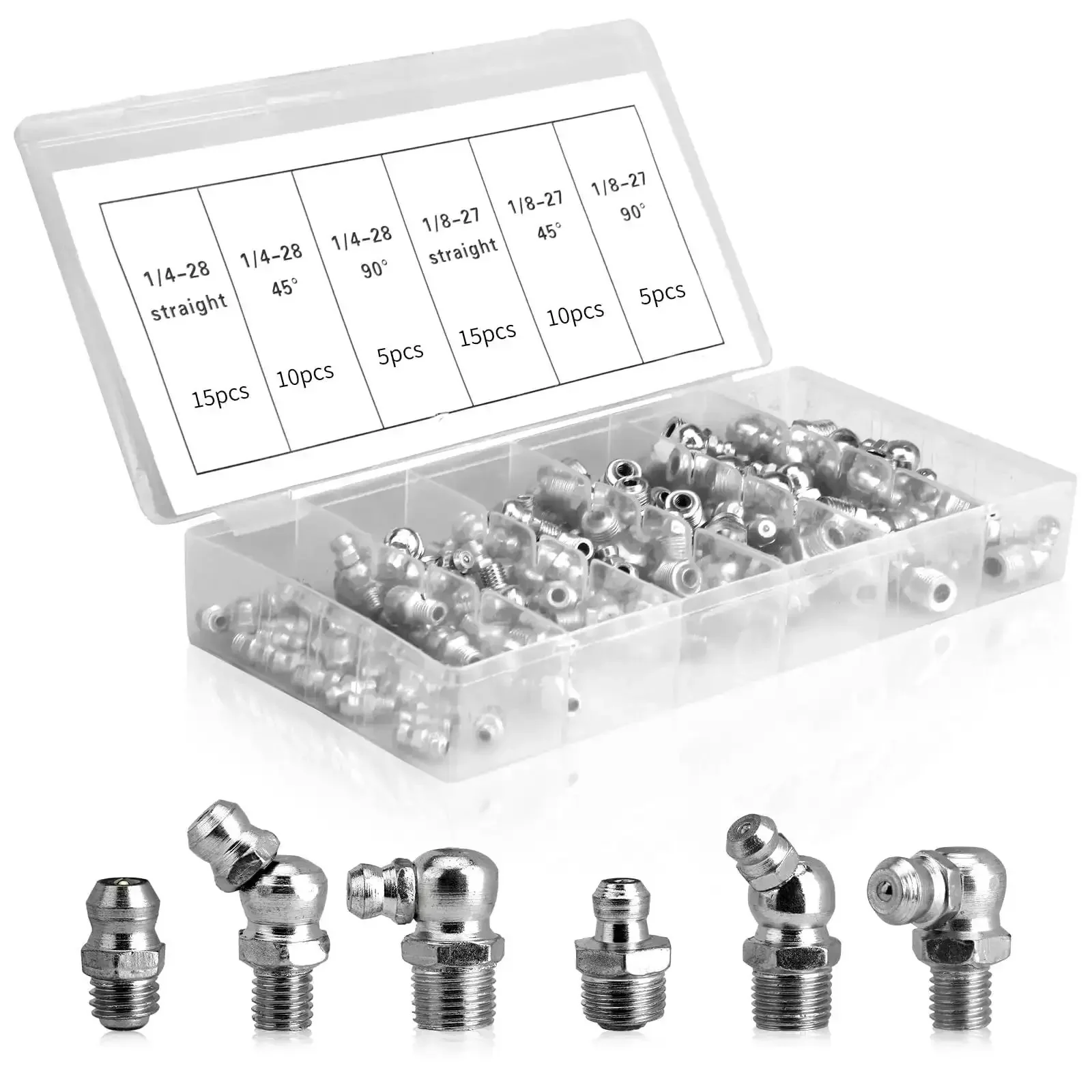 Beefy Pro Grade Heavy Duty 60 Piece Galvanized Steel Grease Fittings Set With SAE Quarter Inch And Eighth Inch Zerks In Straight, 45 Degree, And 90 Degree Angles For Automotive And Machinery Maintenance