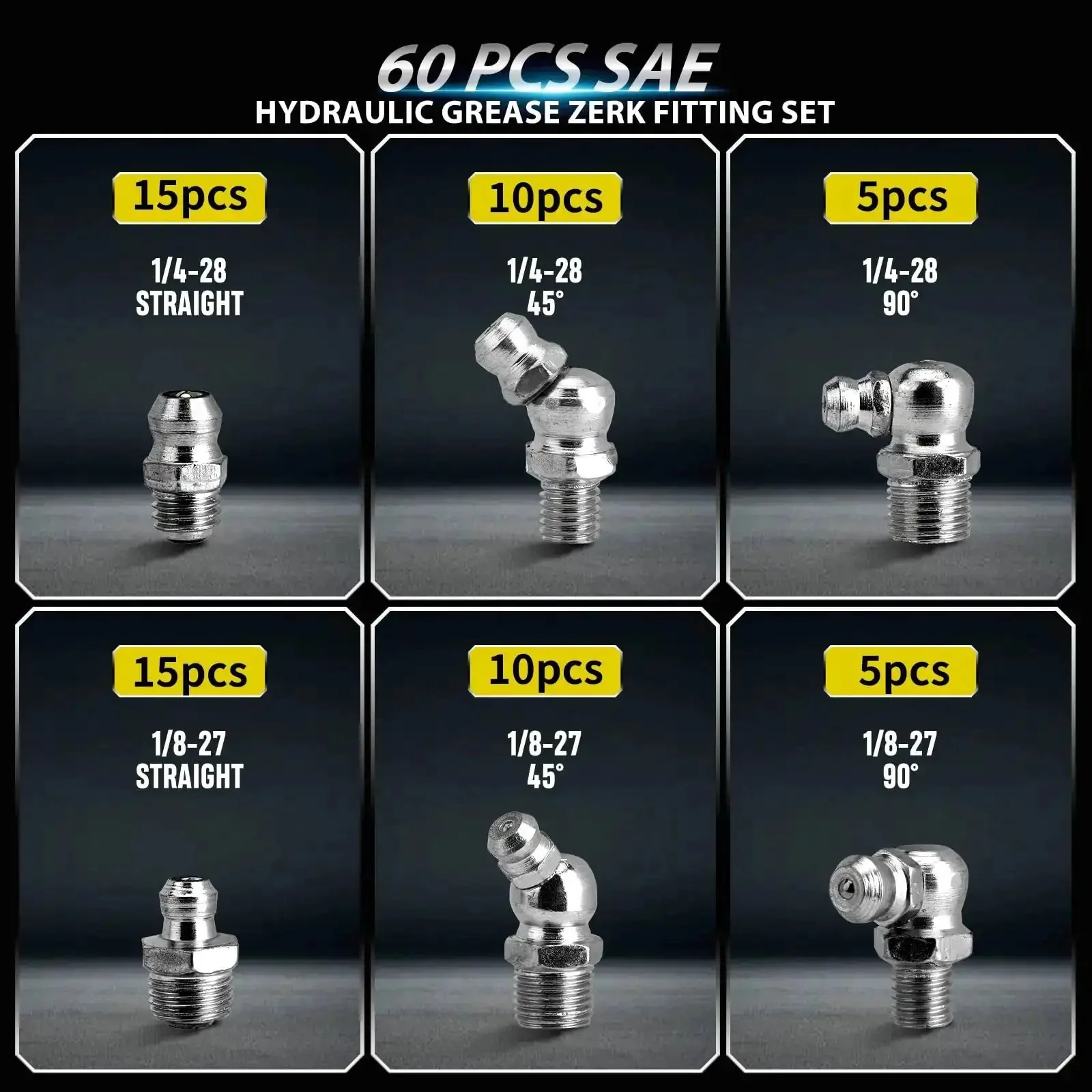 Beefy Pro Grade Heavy Duty 60 Piece Galvanized Steel Grease Fittings Set With SAE Quarter Inch And Eighth Inch Zerks In Straight, 45 Degree, And 90 Degree Angles For Automotive And Machinery Maintenance - Image 7