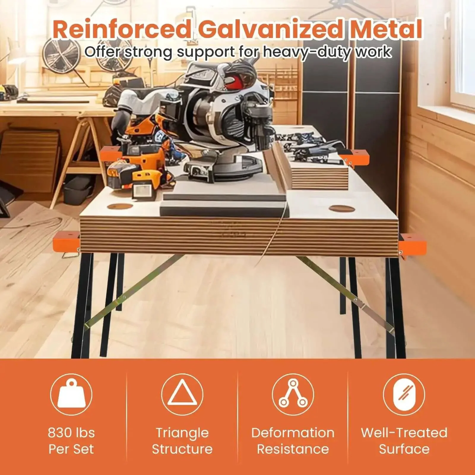Beefy Saw Horses 2 Pack Portable Galvanized Metal Work Stand With Non Slip Top And Hinge Brace Quick Folding With Carrying Handle For Woodworking Projects - Image 4