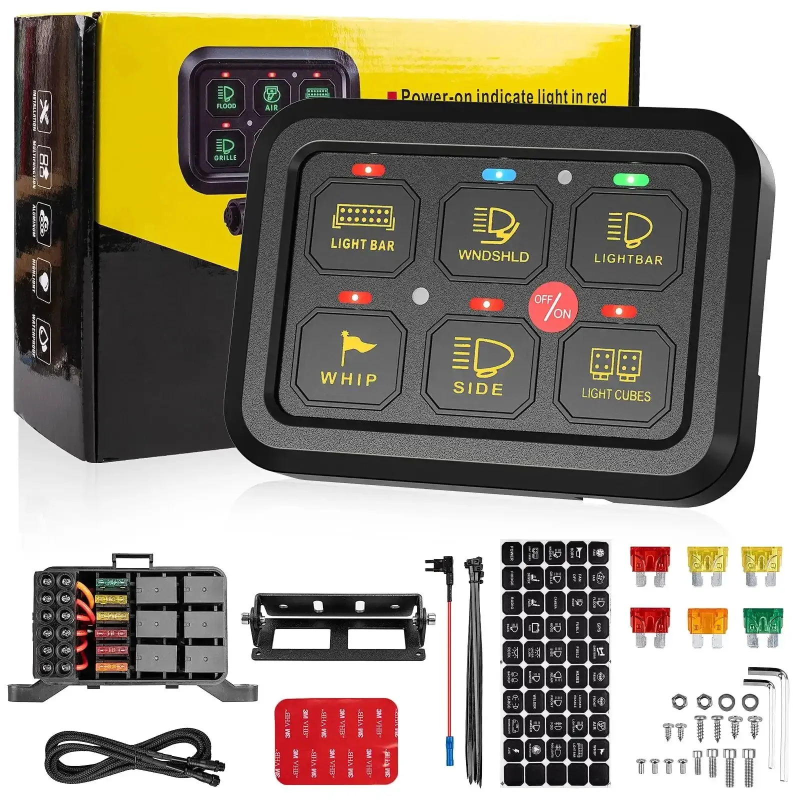 Beefy Six Gang Switch Panel With Electronic Relays For DC12V Systems, 60A Max, 720W, Universal Circuit Control Relay System, Auto Dimmable LED On Off Switch, Marine Car RV Ready, Easy Wiring
