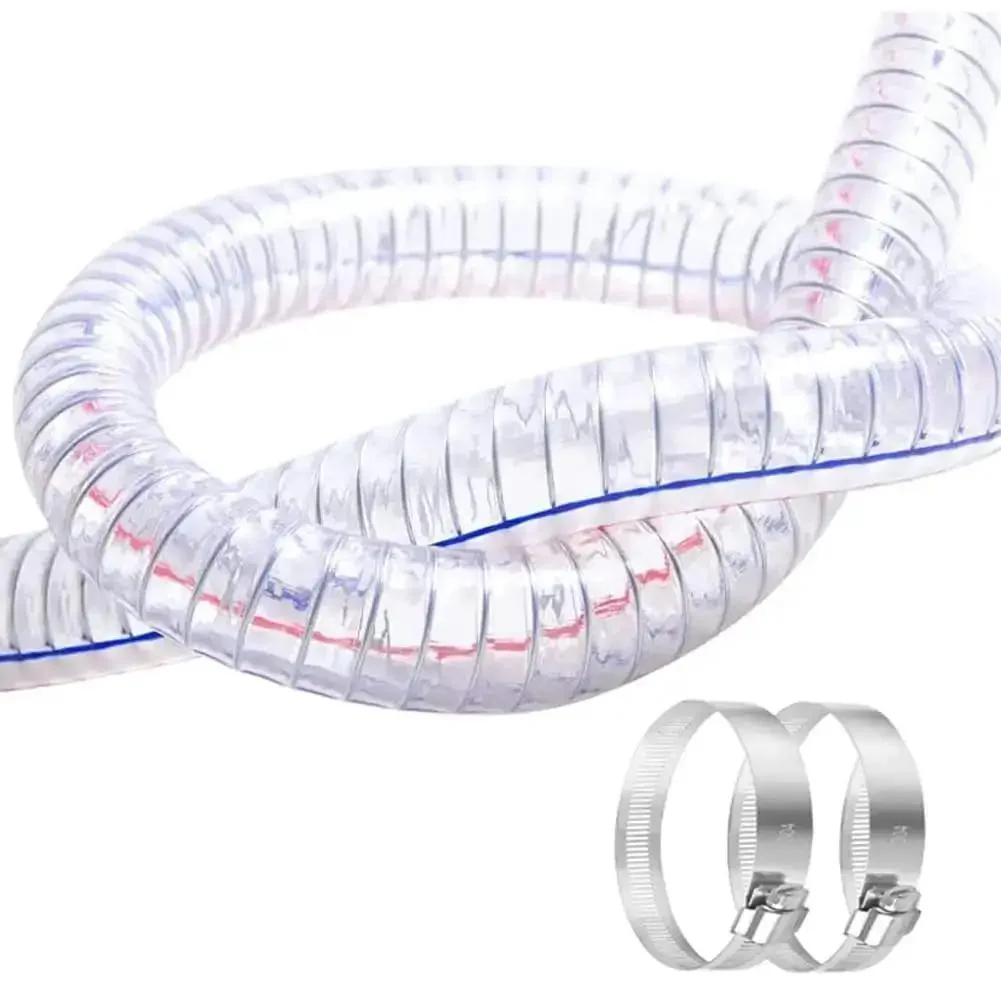 Beefy Ten Foot Steel Wire Reinforced PVC Vacuum Hose With One And Quarter Inch Inner Diameter And One And Half Inch Outer Diameter, UV Safe Vinyl Suction Tubing For Drain And Transfer, High Pressure, Chemical Resistant, Flex Hose With Clamps