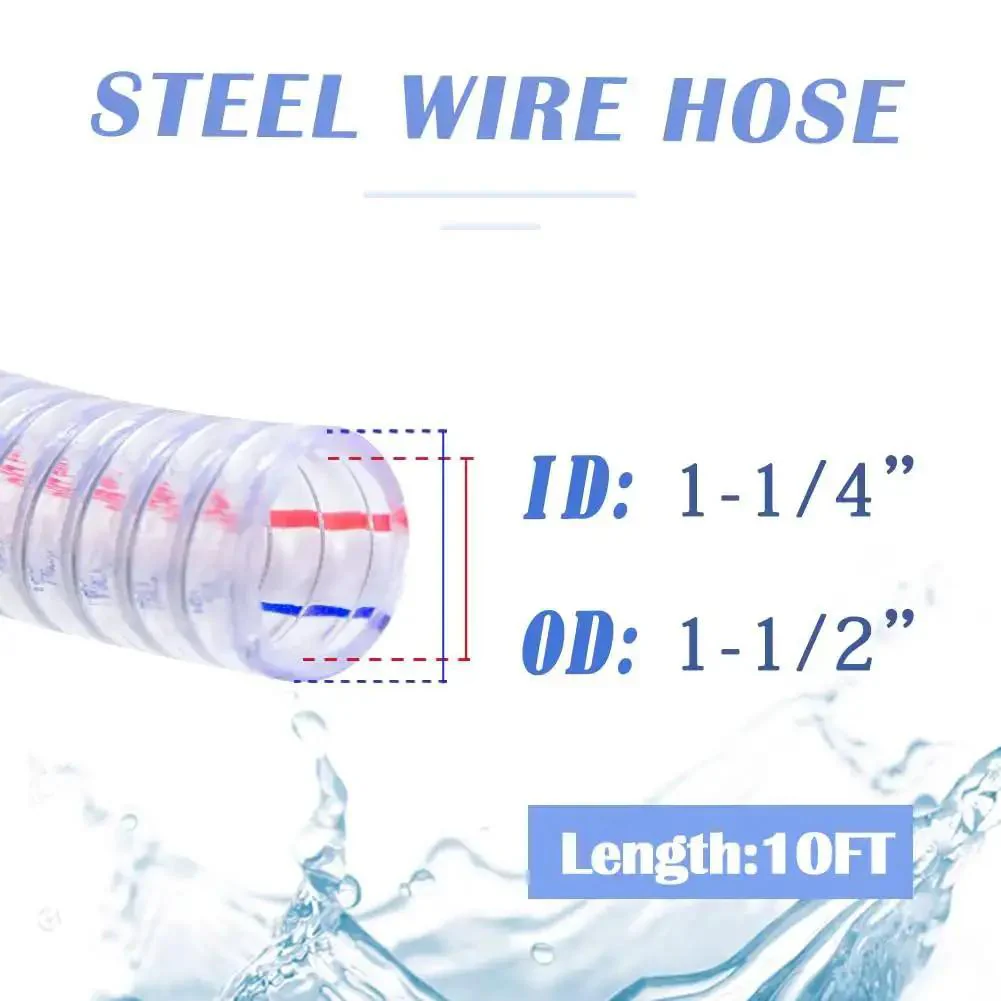 Beefy Ten Foot Steel Wire Reinforced PVC Vacuum Hose With One And Quarter Inch Inner Diameter And One And Half Inch Outer Diameter, UV Safe Vinyl Suction Tubing For Drain And Transfer, High Pressure, Chemical Resistant, Flex Hose With Clamps - Image 9