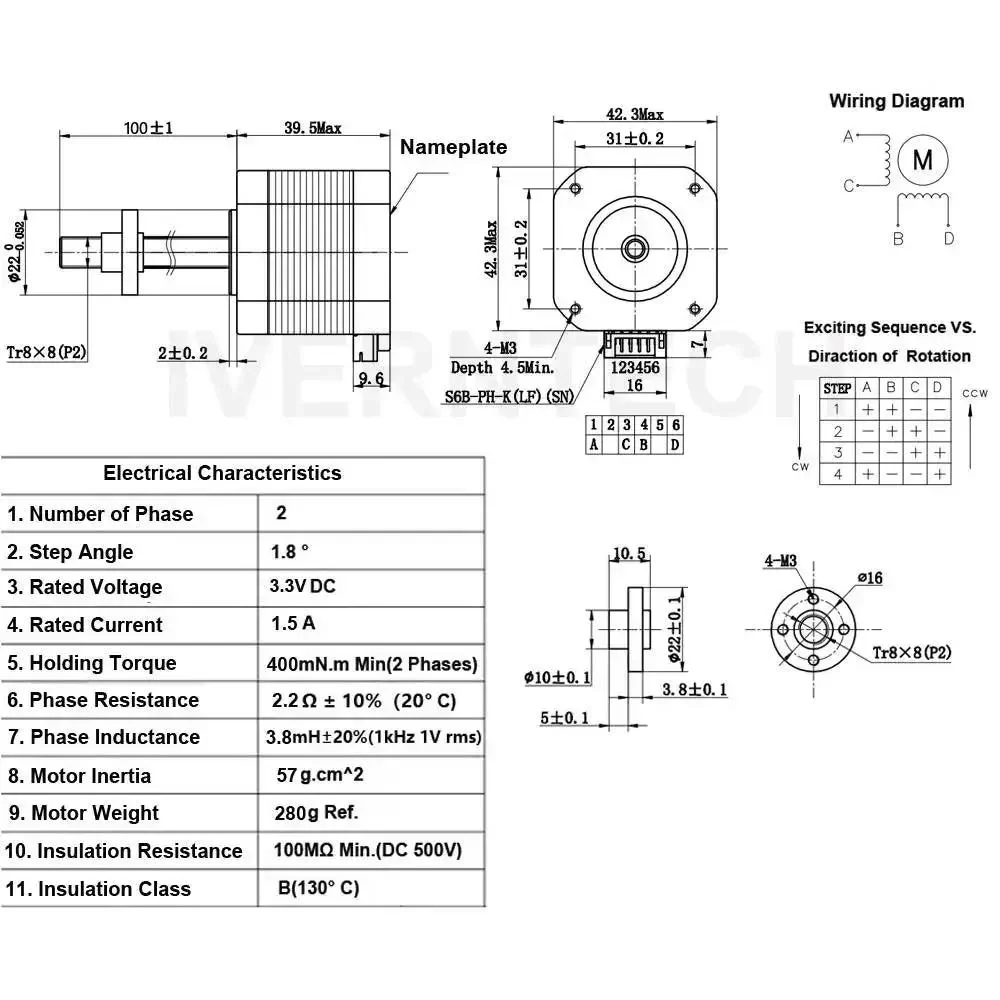 Beefy Torque NEMA 17 Stepper Motor With Integrated 100mm TR8x8 Lead Screw For Z Axis, Replaces Prusa i3 And RepRap Z Assemblies, Built For CNC Machines, 2mm Pitch, 4 Starts, 8mm Lead, 400mN.m Torque - Image 3