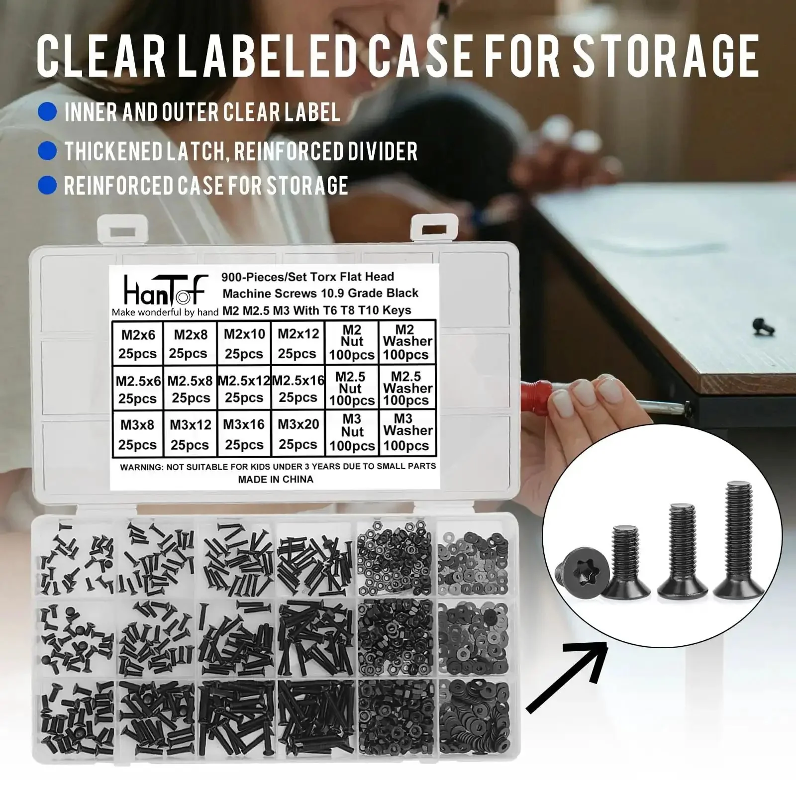 Beefy Torx Countersunk Screws Set with M2 M2.5 M3 Bolts Nuts and Washers Flat Head Star Drive Machine Screws Grade 10.9 Alloy Steel Black Fully Threaded with T6 T8 T10 Wrenches - Image 2