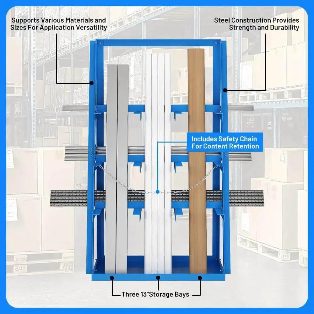 Beefy Vertical Long Parts Storage Rack With 3,000 Lb Capacity For Pipes And Lumber, Heavy Duty Pipe Organizer Shelf With Safety Chain, Blue Garage Workshop Storage Rack For Home Garage And Factory - Image 7