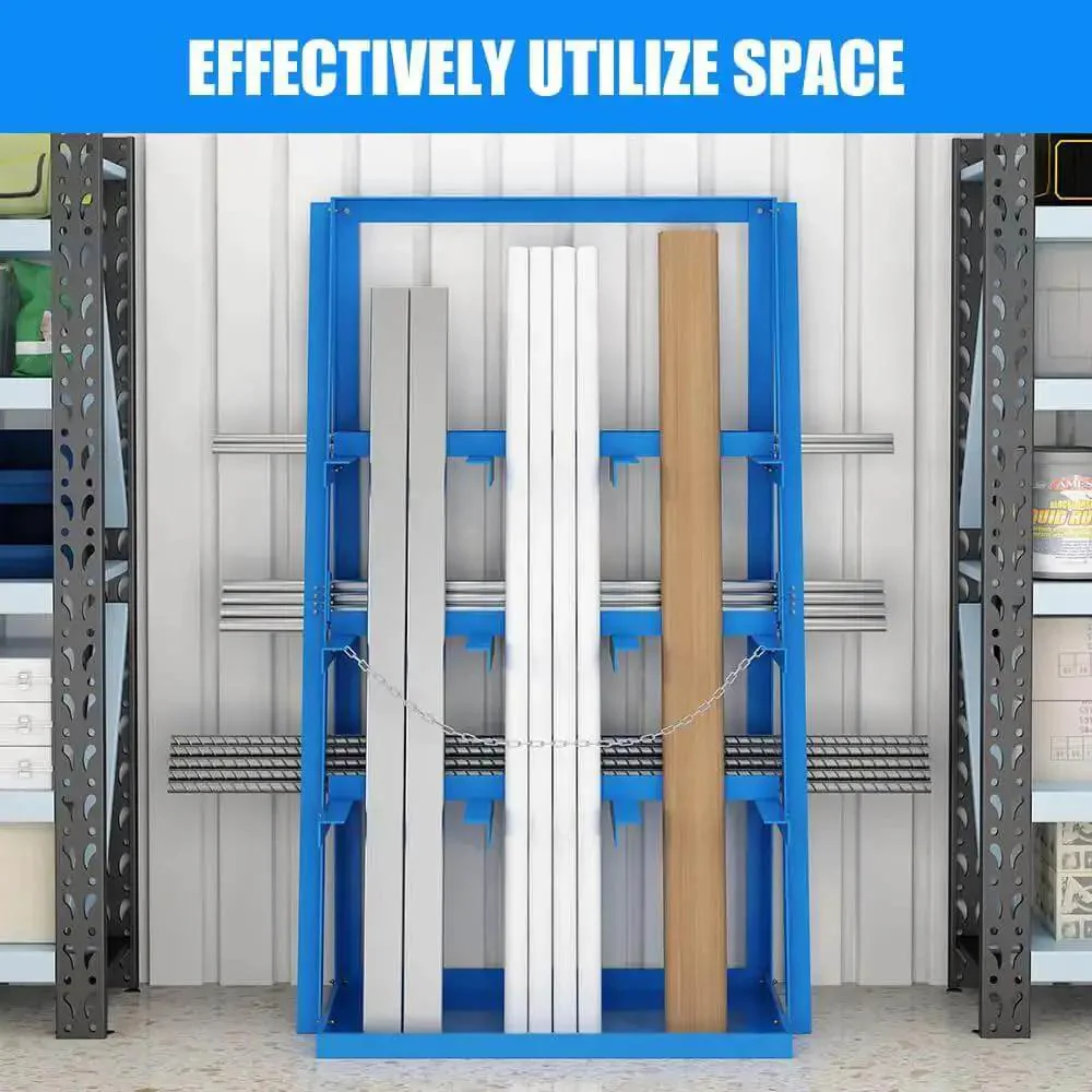 Beefy Vertical Long Parts Storage Rack With 3,000 Lb Capacity For Pipes And Lumber, Heavy Duty Pipe Organizer Shelf With Safety Chain, Blue Garage Workshop Storage Rack For Home Garage And Factory - Image 9