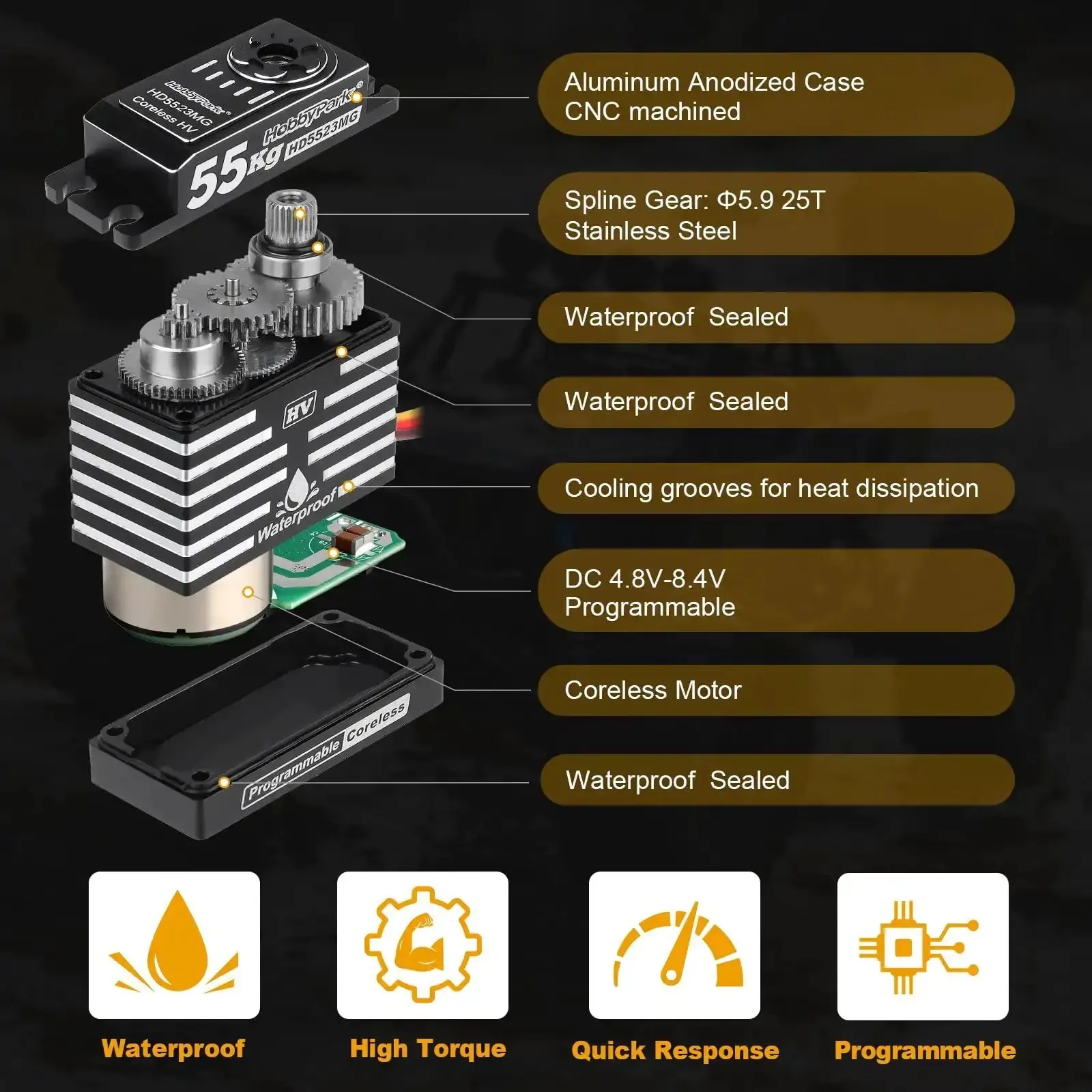 Beefy Waterproof RC Servo With 55Kg Torque Coreless Motor And Metal Gear Digital Servo In A Rugged Aluminum CNC Case For 1/8 And 1/10 RC Crawlers SCX10 TRX4 Trucks And Buggy Basher Control Angle 180 Degree - Image 7