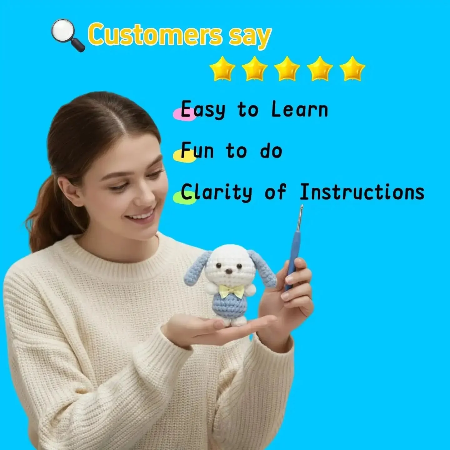 Beginner Crochet Amigurumi Kit For Puppy With Bow Tie, 5 Inch Starter Set, Video Tutorial Included, All Supplies Included, Easy Learn To Crochet, Great Gift For Women Teens Girls - Image 3
