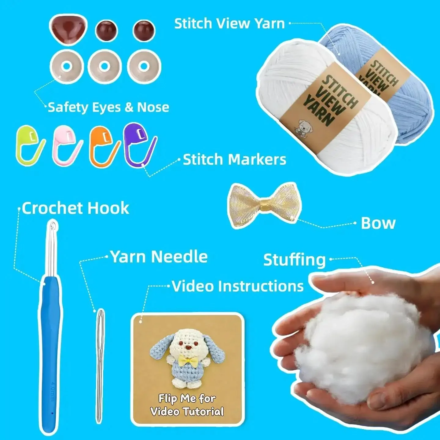 Beginner Crochet Amigurumi Kit For Puppy With Bow Tie, 5 Inch Starter Set, Video Tutorial Included, All Supplies Included, Easy Learn To Crochet, Great Gift For Women Teens Girls - Image 6