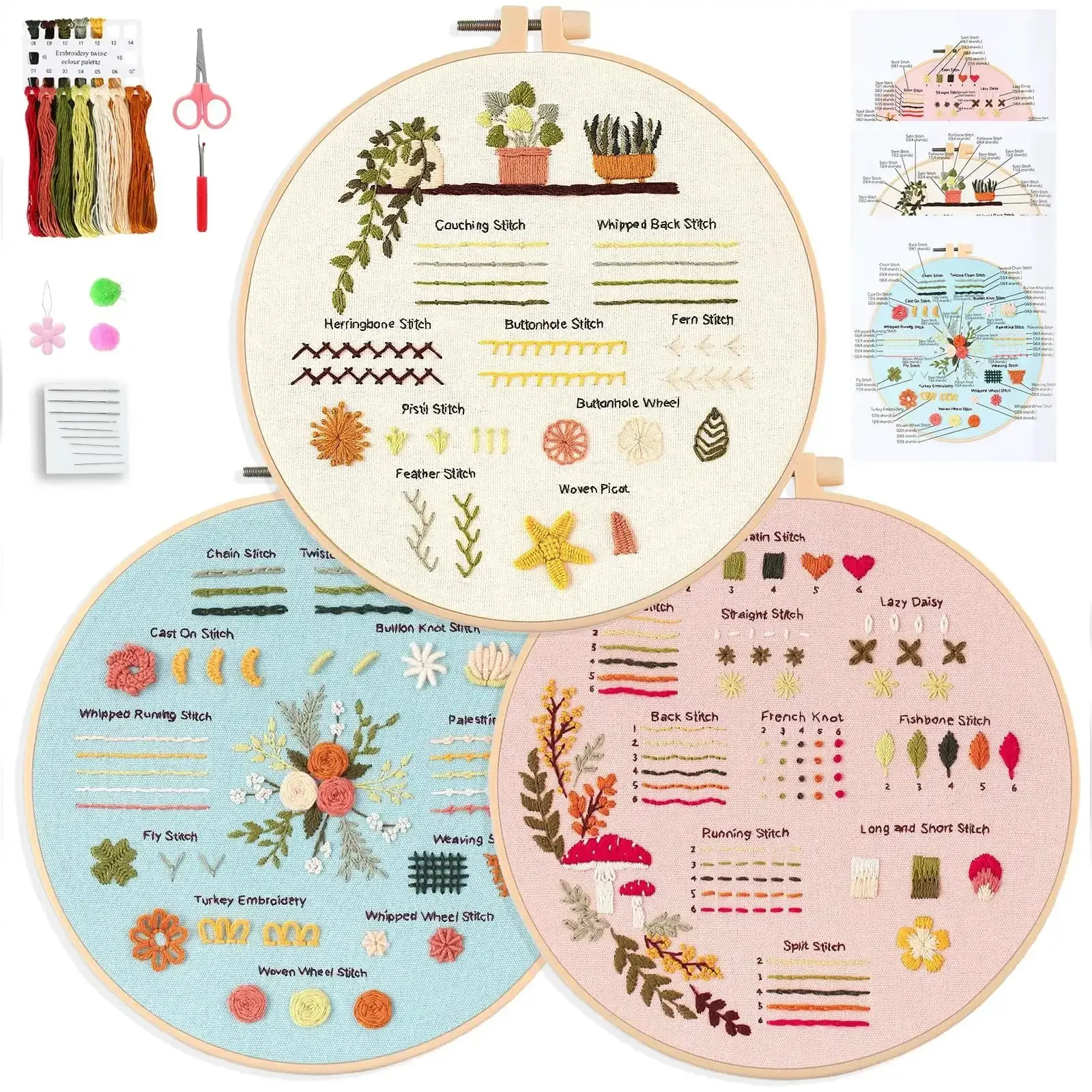 Beginner Embroidery And Cross Stitch Kit For Adults 3 Pack With Pre Printed Patterns Colorful Threads Needles 7.8 Inch Hoop Learn Stitches With Video Tutorial DIY Needlework Gift For Women - Image 2