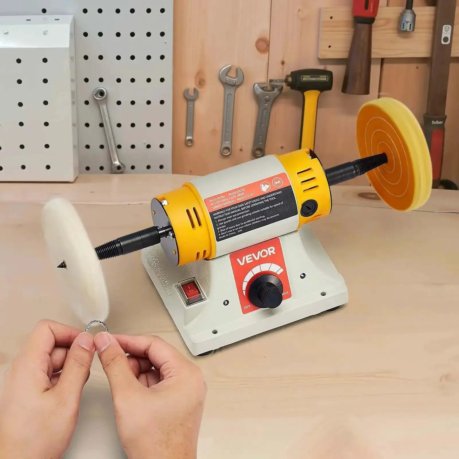 Benchtop Buffer Polisher With Half Horsepower Motor And 0 To 8000 RPM Adjustable Speed Heavy Duty Polish And Buffing Machine Includes 4 Inch Cotton Wheel Pair 3 Inch Fiber Wheels And Polishing Compound For Metal Jewelry And Wood - Image 3
