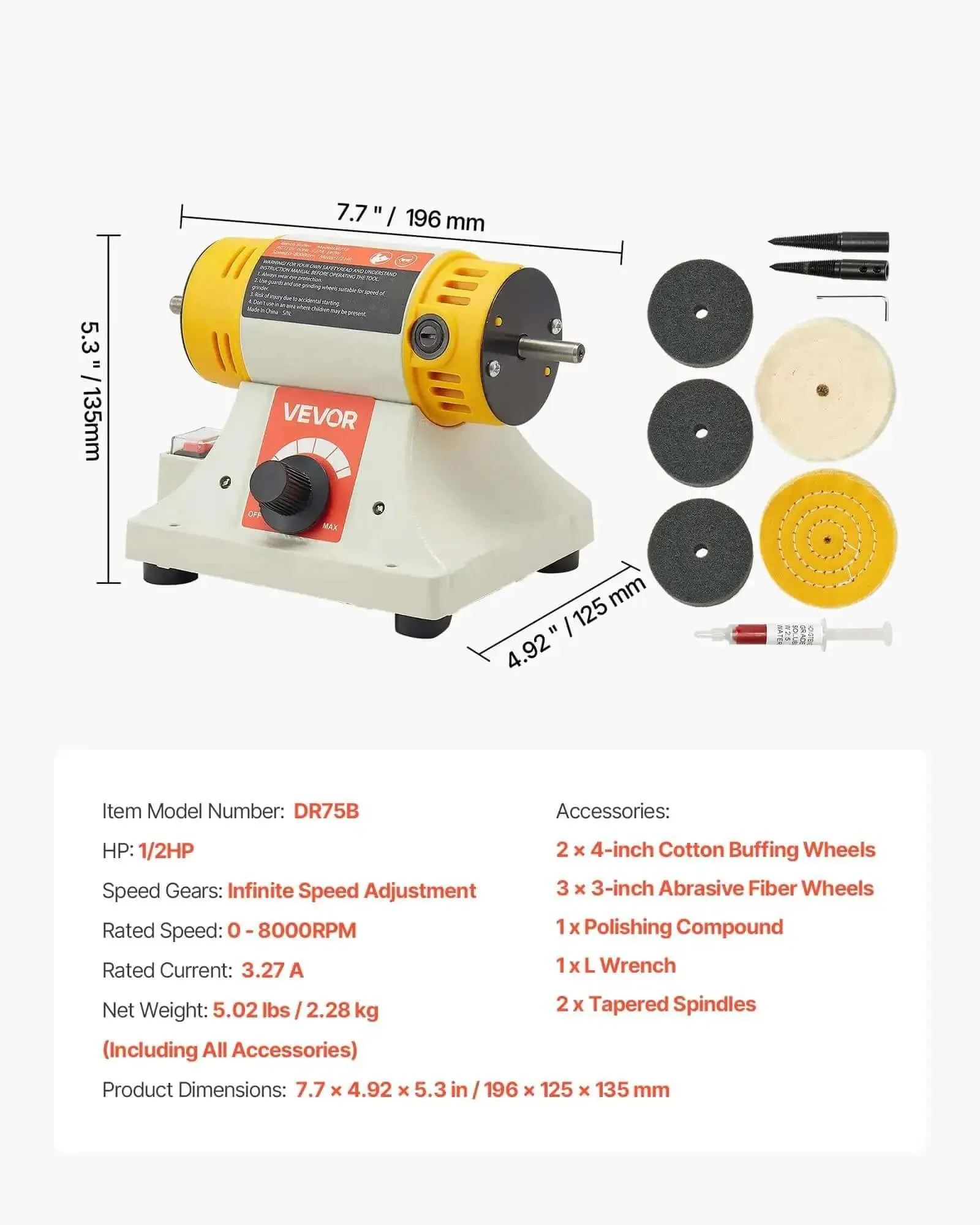 Benchtop Buffer Polisher With Half Horsepower Motor And 0 To 8000 RPM Adjustable Speed Heavy Duty Polish And Buffing Machine Includes 4 Inch Cotton Wheel Pair 3 Inch Fiber Wheels And Polishing Compound For Metal Jewelry And Wood - Image 4