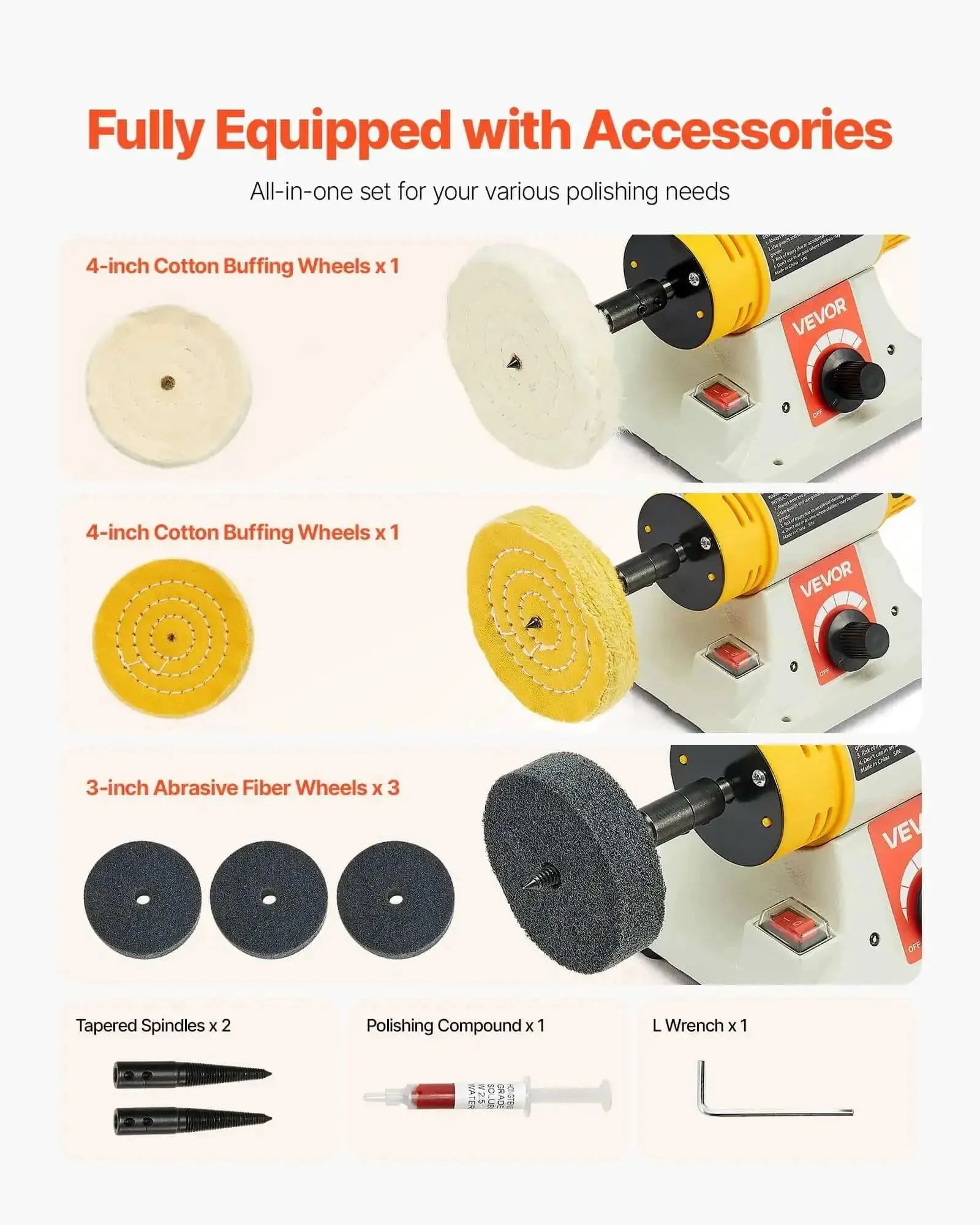 Benchtop Buffer Polisher With Half Horsepower Motor And 0 To 8000 RPM Adjustable Speed Heavy Duty Polish And Buffing Machine Includes 4 Inch Cotton Wheel Pair 3 Inch Fiber Wheels And Polishing Compound For Metal Jewelry And Wood - Image 7