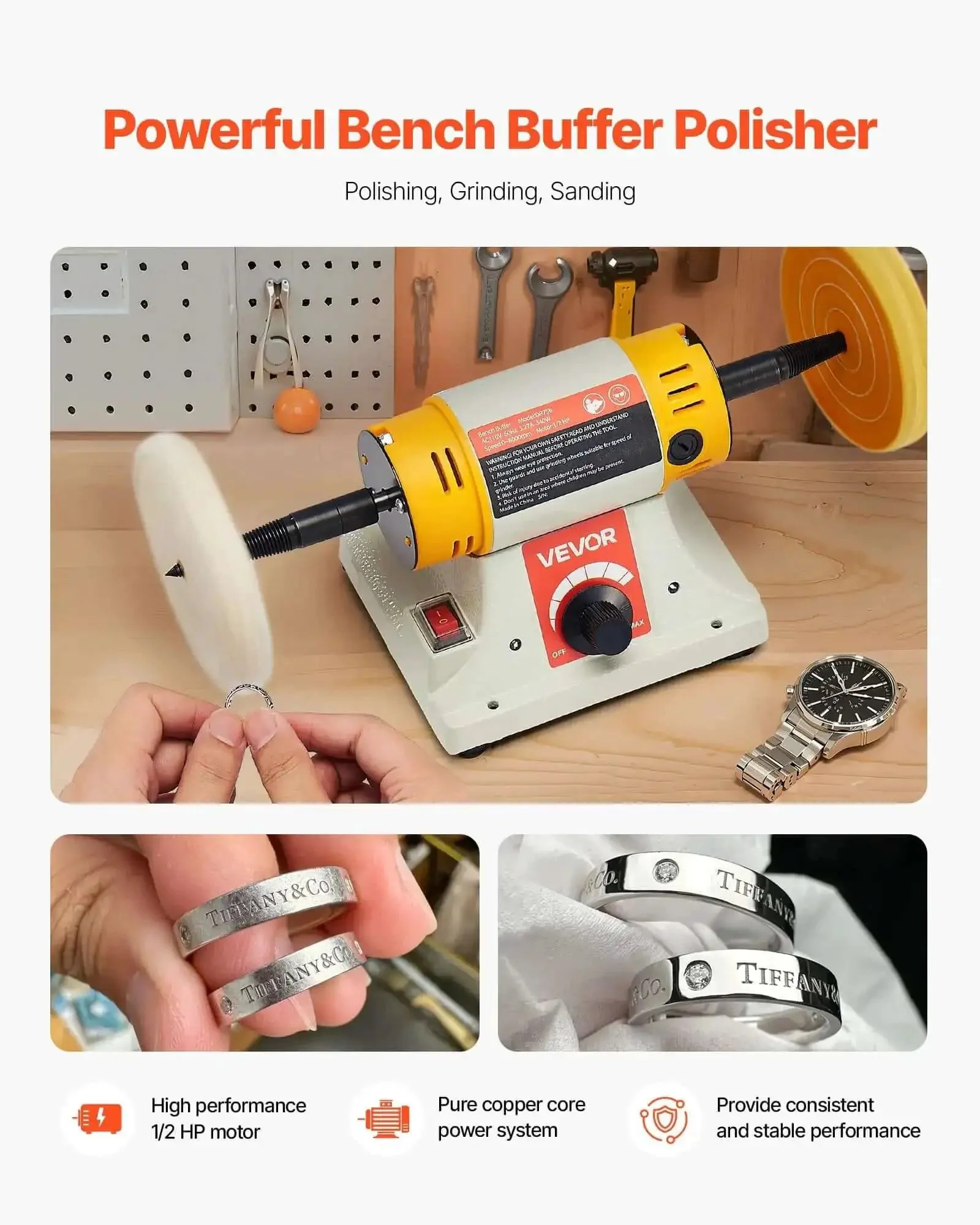 Benchtop Buffer Polisher With Half Horsepower Motor And 0 To 8000 RPM Adjustable Speed Heavy Duty Polish And Buffing Machine Includes 4 Inch Cotton Wheel Pair 3 Inch Fiber Wheels And Polishing Compound For Metal Jewelry And Wood - Image 9