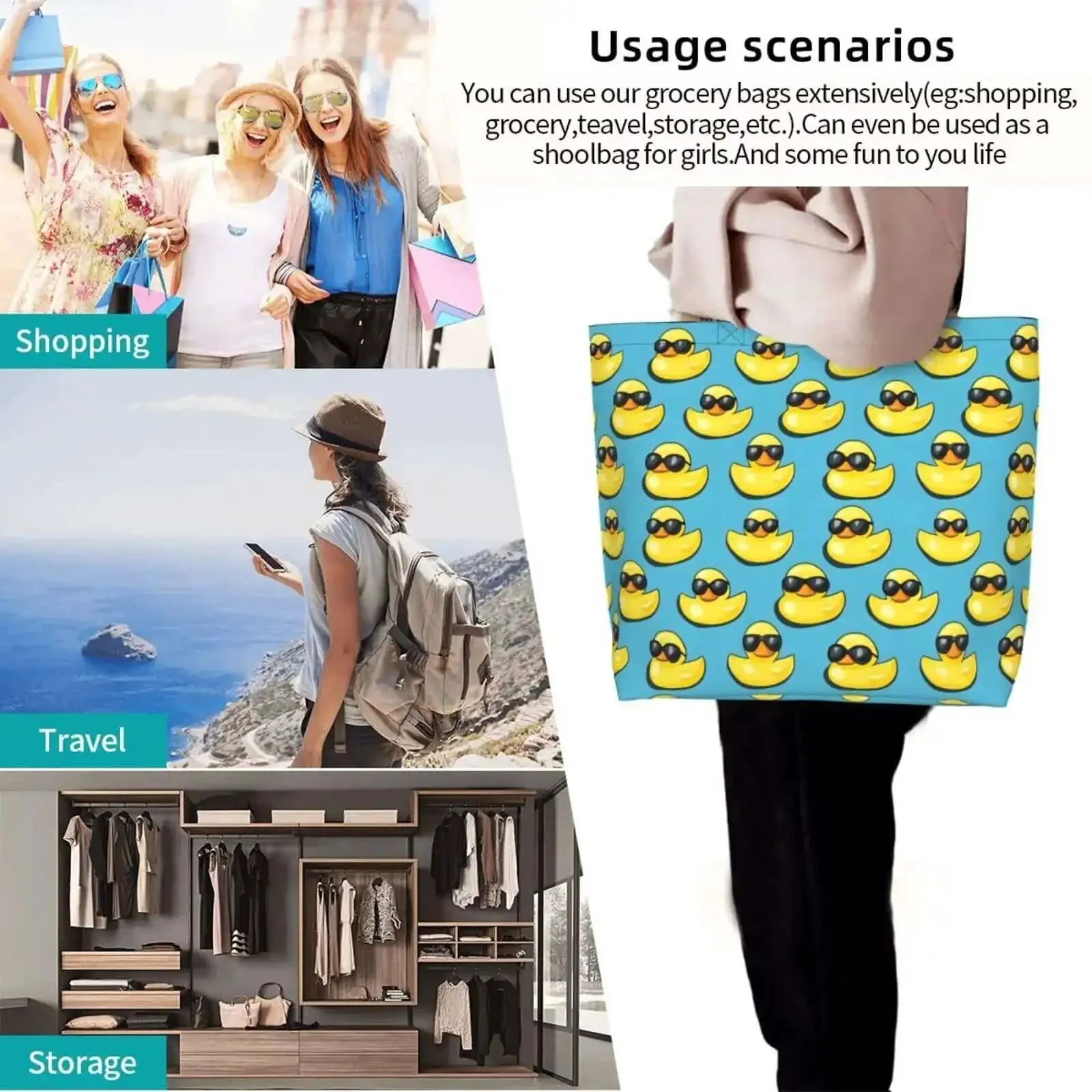 Big Lightweight Tote For Women With Cool Duck Sunglasses Print Reusable Foldable Travel Shoulder Bag Water Repellent Polyester Everyday Carry For Work Shopping And Daily Errands - Image 3