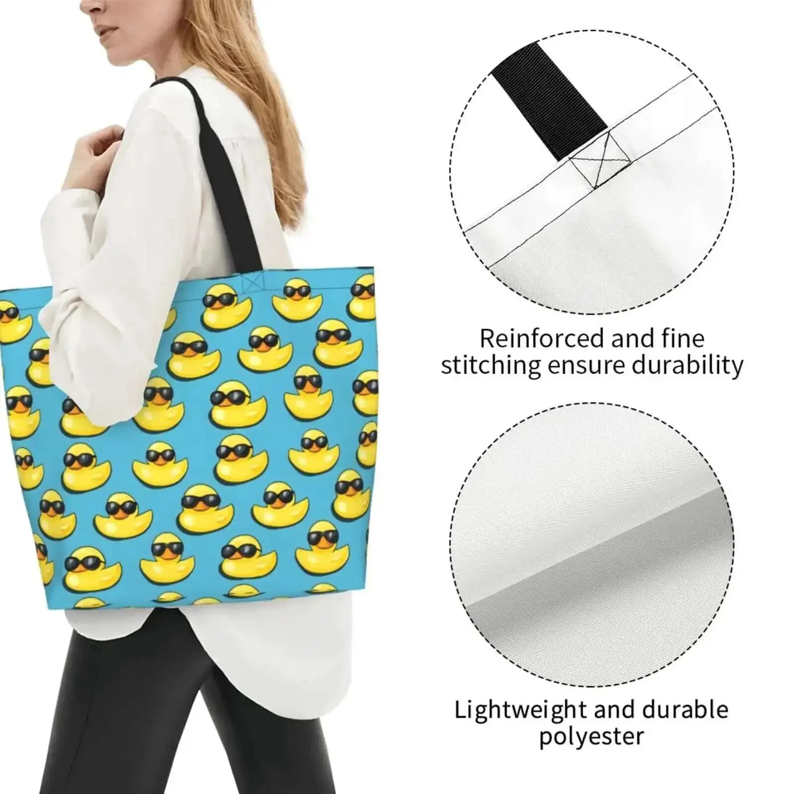 Big Lightweight Tote For Women With Cool Duck Sunglasses Print Reusable Foldable Travel Shoulder Bag Water Repellent Polyester Everyday Carry For Work Shopping And Daily Errands - Image 5