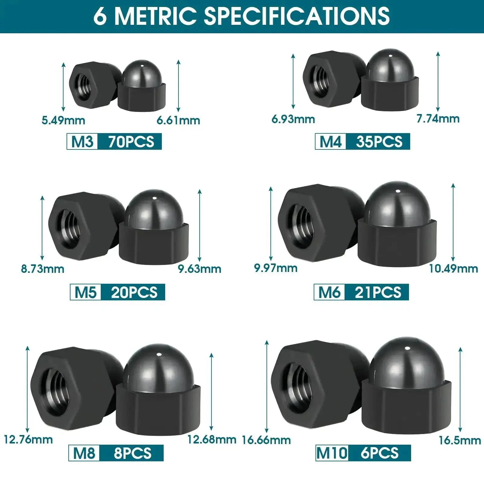 Big Ol 160Pcs Nylon Acorn Nut Set Kit Black Dome Nuts For Protecting Hex Bolts M3 M4 M5 M6 M8 M10, Assortment Pack With Easy Cover Caps For DIY Projects And Pro Builds - Image 6