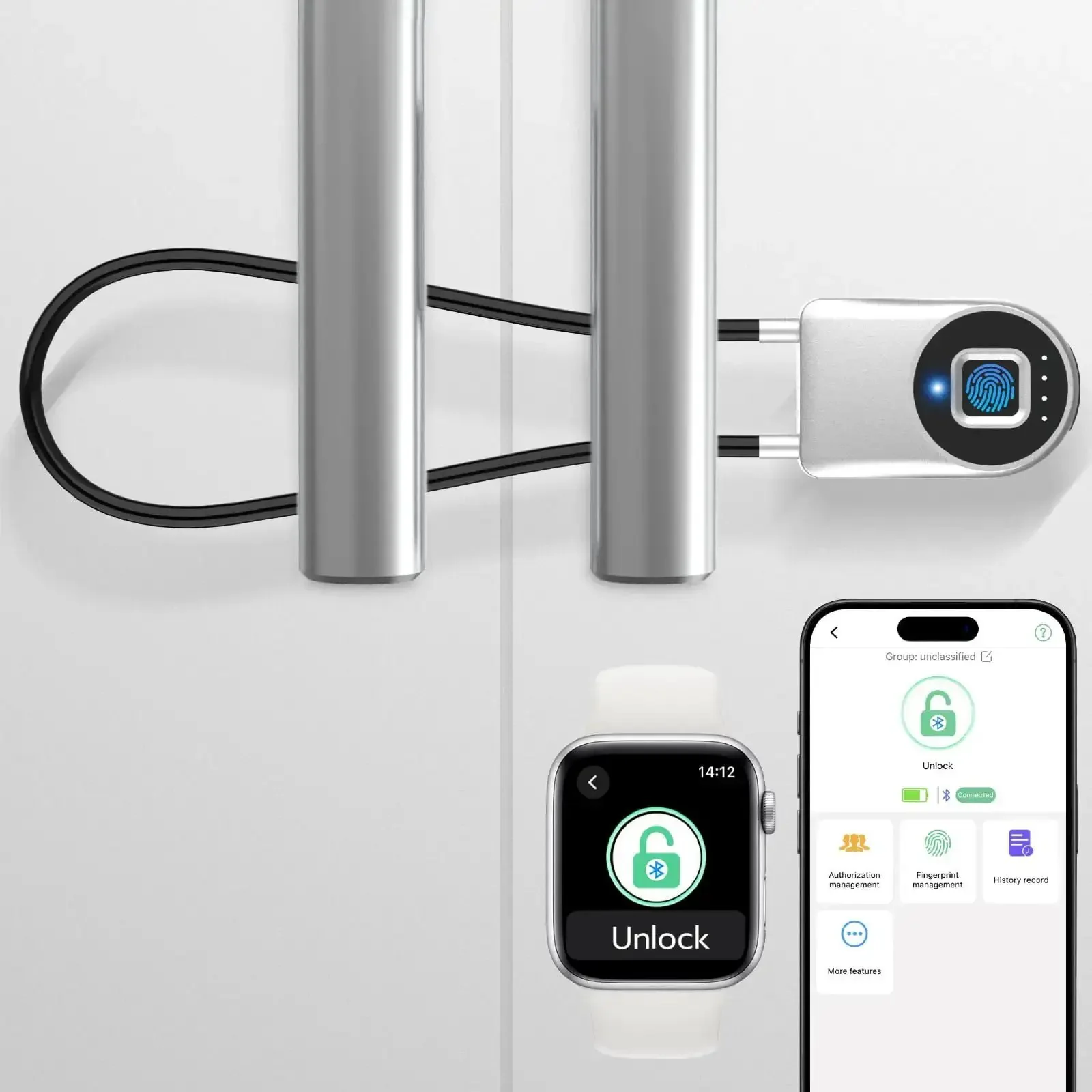 Biometric Cable Lock With Fingerprint And Bluetooth App Control For Fridges Cabinets And Lockers 14.9 Inch Stainless Steel Kidproof Refrigerator Lock For Parents And Caregivers