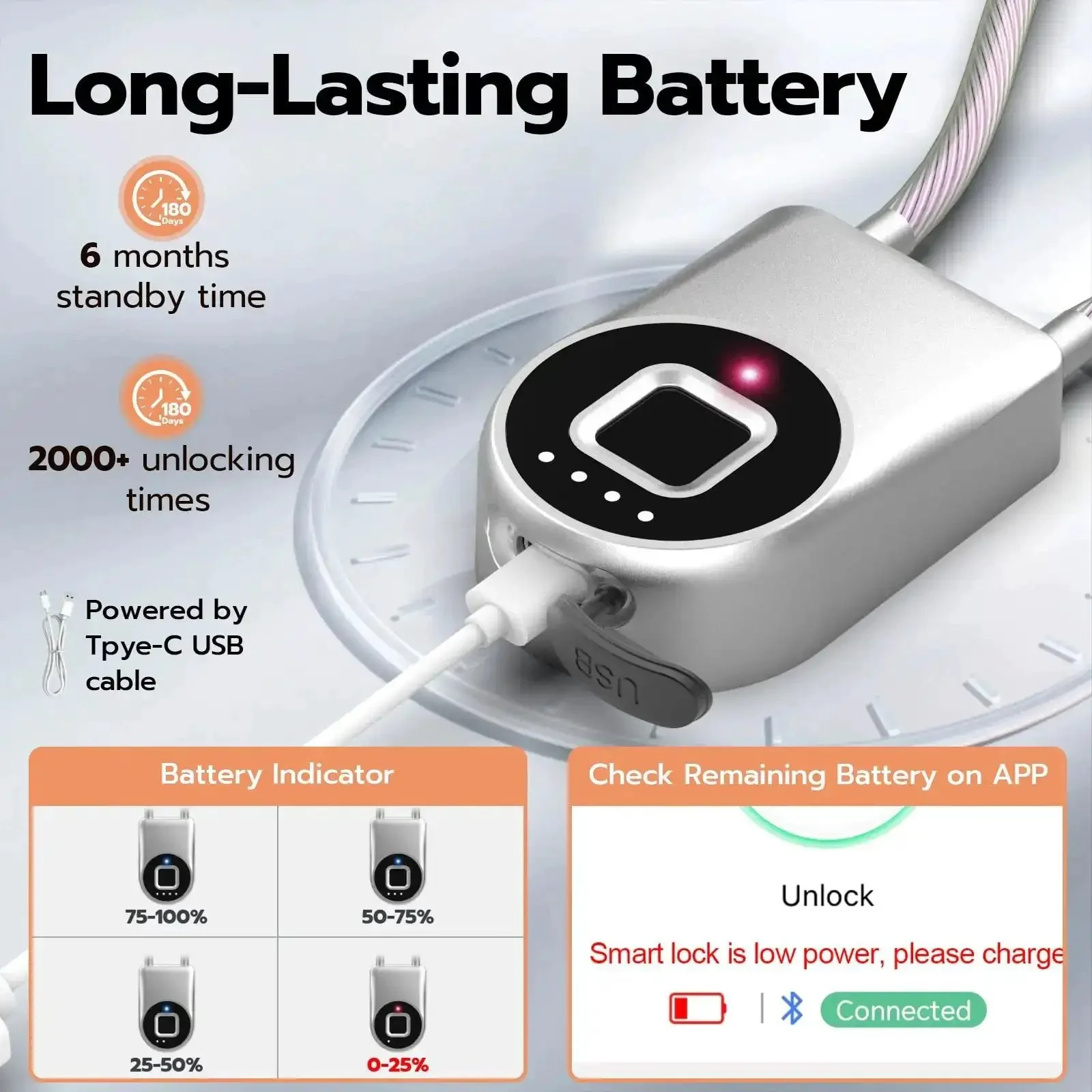 Biometric Cable Lock With Fingerprint And Bluetooth App Control For Fridges Cabinets And Lockers 14.9 Inch Stainless Steel Kidproof Refrigerator Lock For Parents And Caregivers - Image 5