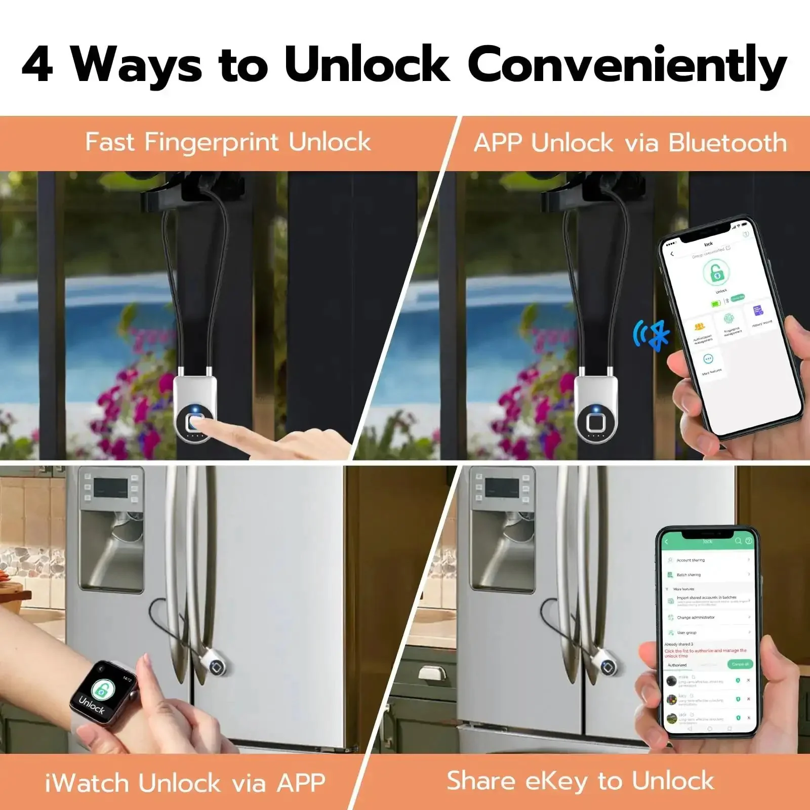 Biometric Cable Lock With Fingerprint And Bluetooth App Control For Fridges Cabinets And Lockers 14.9 Inch Stainless Steel Kidproof Refrigerator Lock For Parents And Caregivers - Image 7