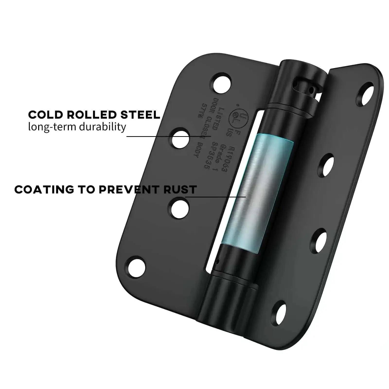 Black 4 Inch Self Closing Door Hinges, Five Eighths Inch Radius Corners, Heavy Duty Spring Hinge, Adjustable Closing, 2 Pack for Residential and Commercial Use, Built To Last Hardware - Image 3